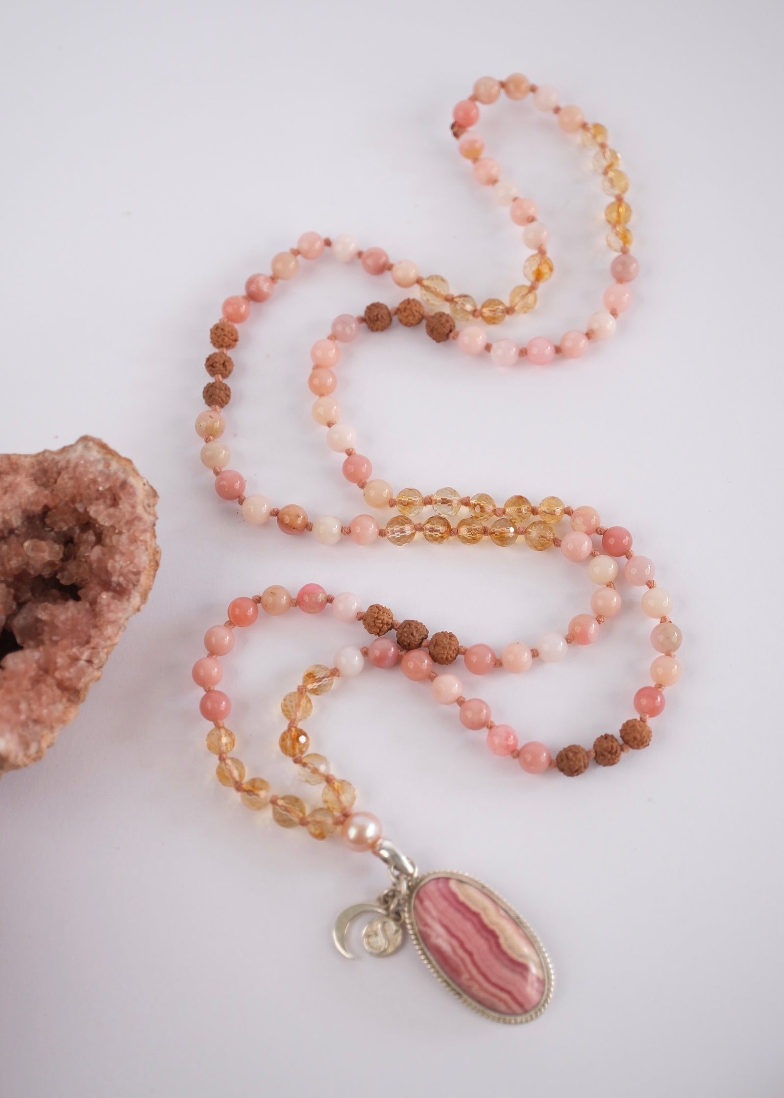 Atma Prema self love mala with citrine, pink opal, pink pearl and rhodochrosite pendant