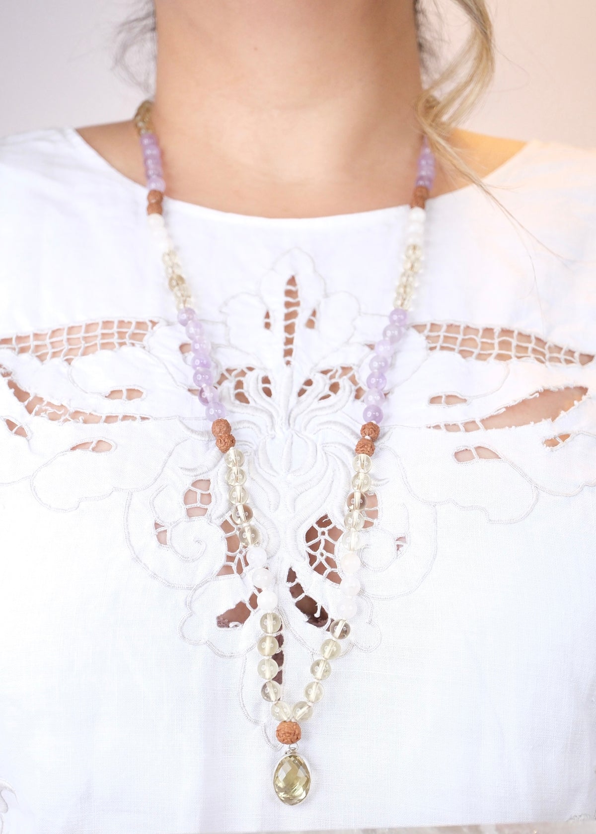 ANANDA Joy Mala | Lemon & Lavender Quartz, Moonstone & Rudraksha
