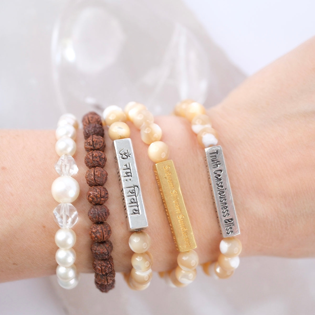 DIVINE GRACE Honey Mother of Pearl bracelet | Om Namaha Shivaya Silver bar