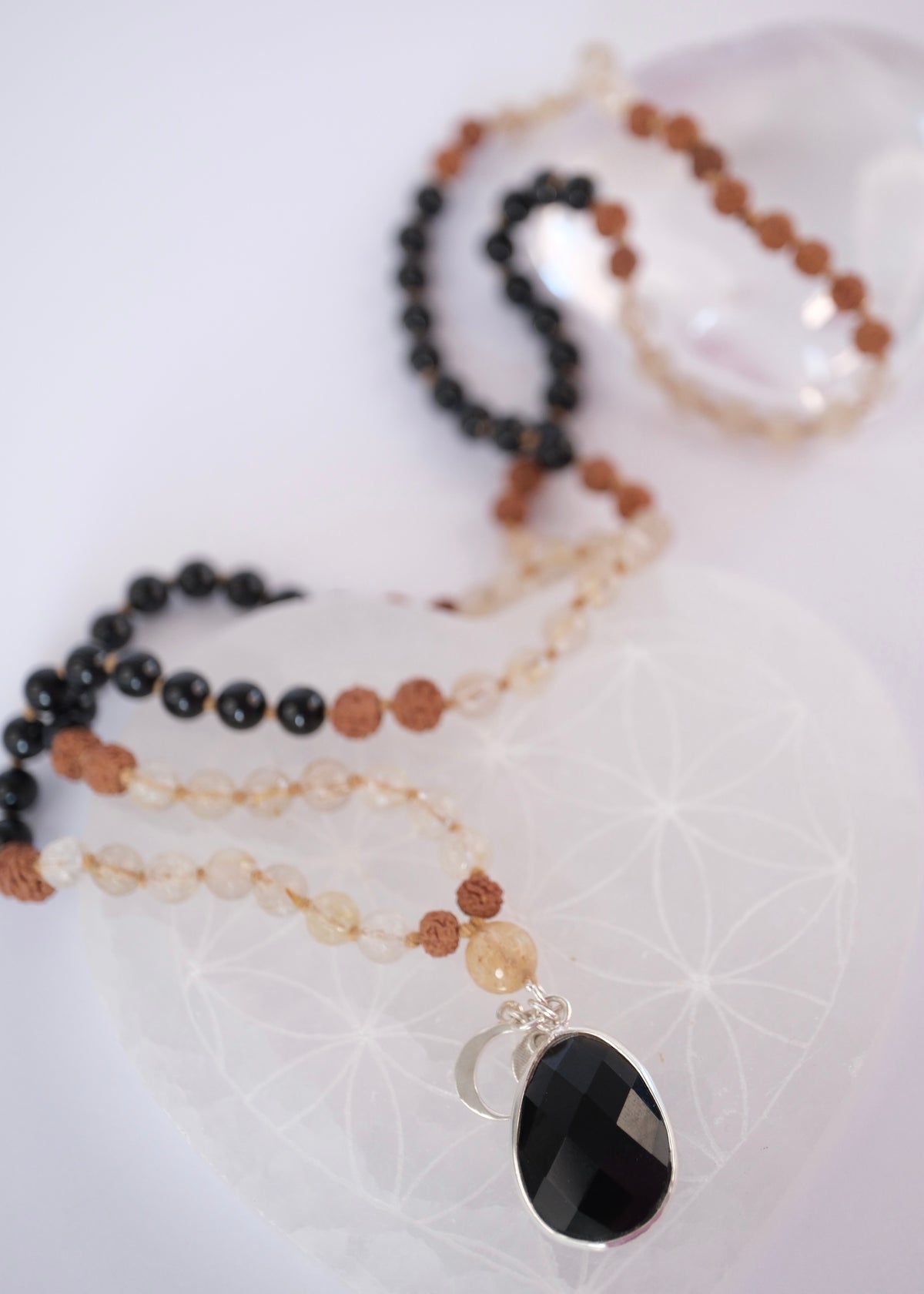 TANTRIKA 'The Energy Workers' Mala | Black Tourmaline & Golden Rutilated Quartz, Rudraksha Mala