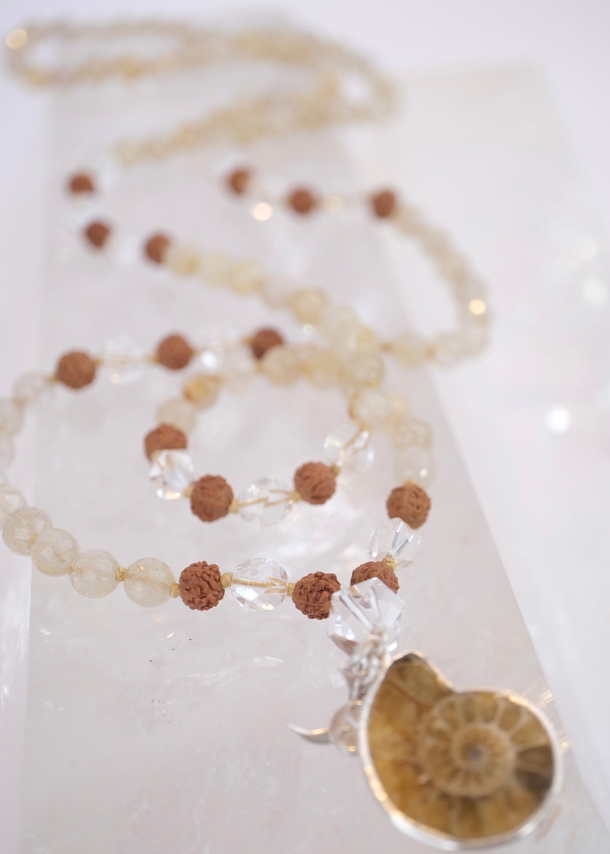 SAGE’s Mala | Ammonite, Gold in Quartz, Herkimer & Rudraksha