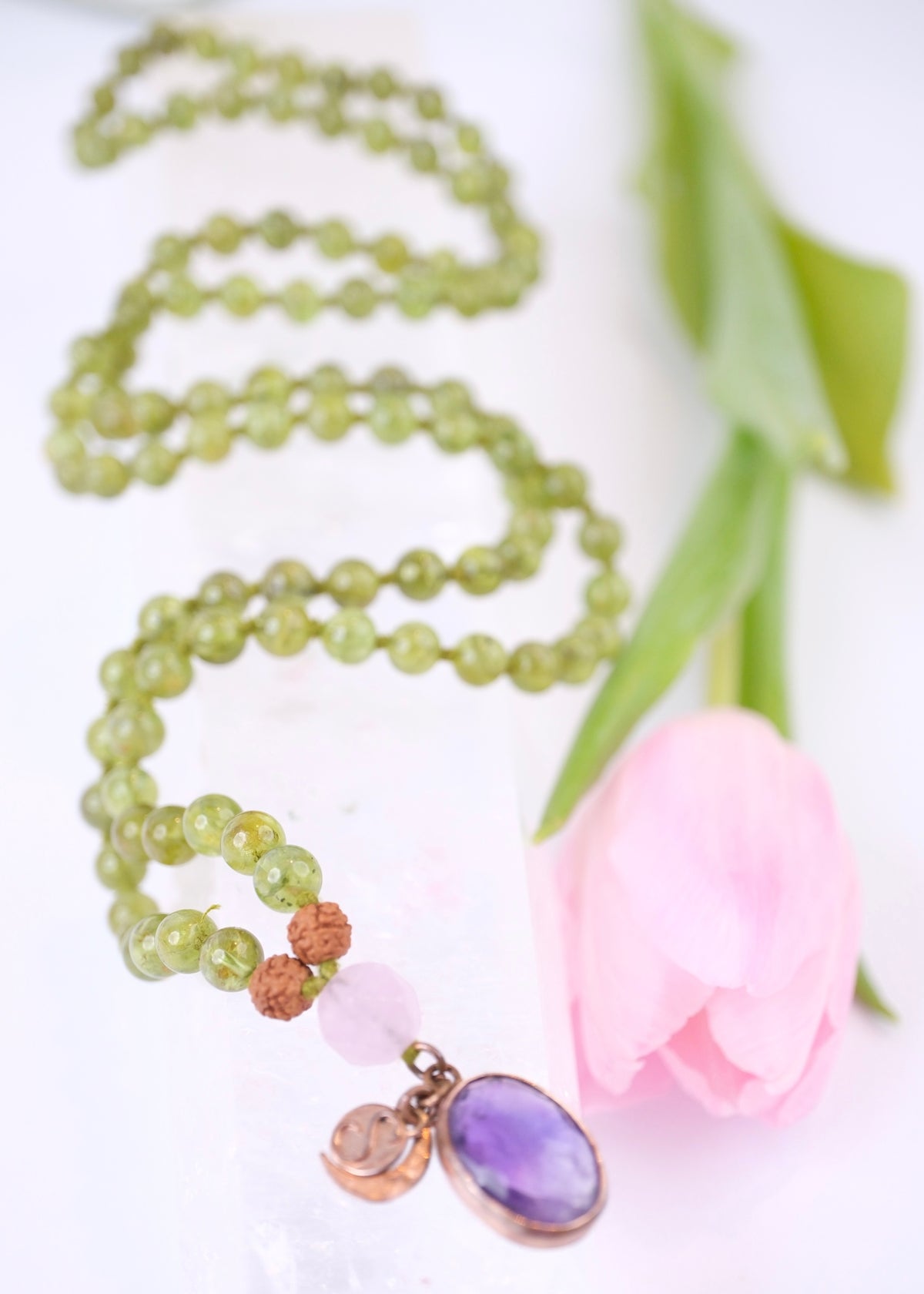 BHUVANESHWARI Protection, Preservation, Deliverance Mala | Peridot, Herkimer Amethyst, Amethyst Pendant