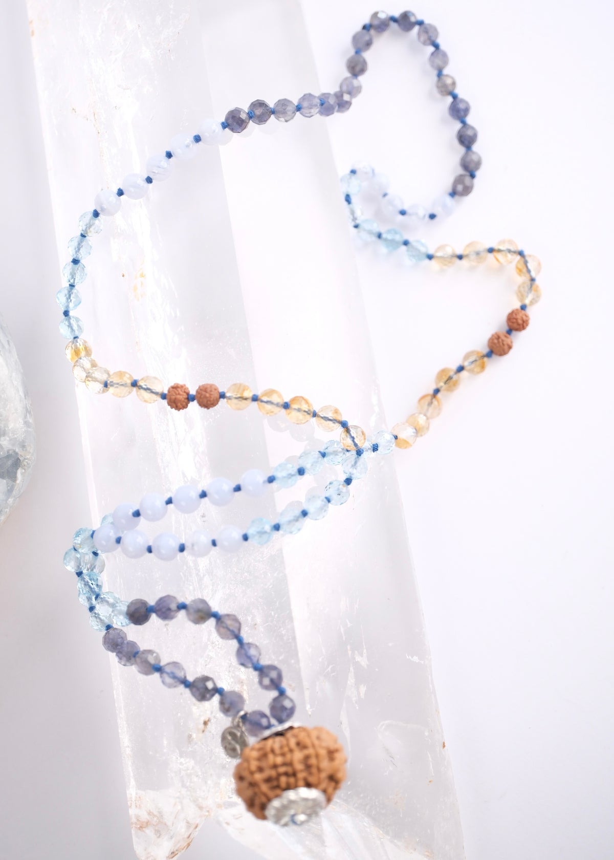 Archangel Michael protection mala with iolite, topaz, citrine, blue lace agate and ten mukhi Rudraksha for powerful protection