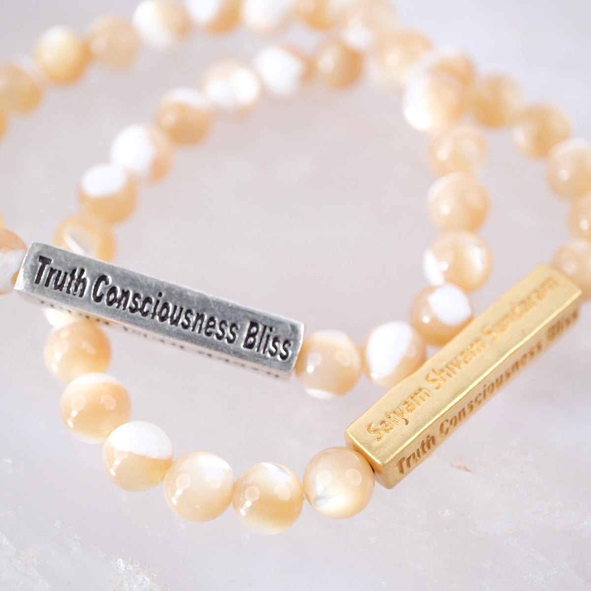 DIVINE GRACE Honey Mother of Pearl bracelet | Om Namaha Shivaya Silver bar