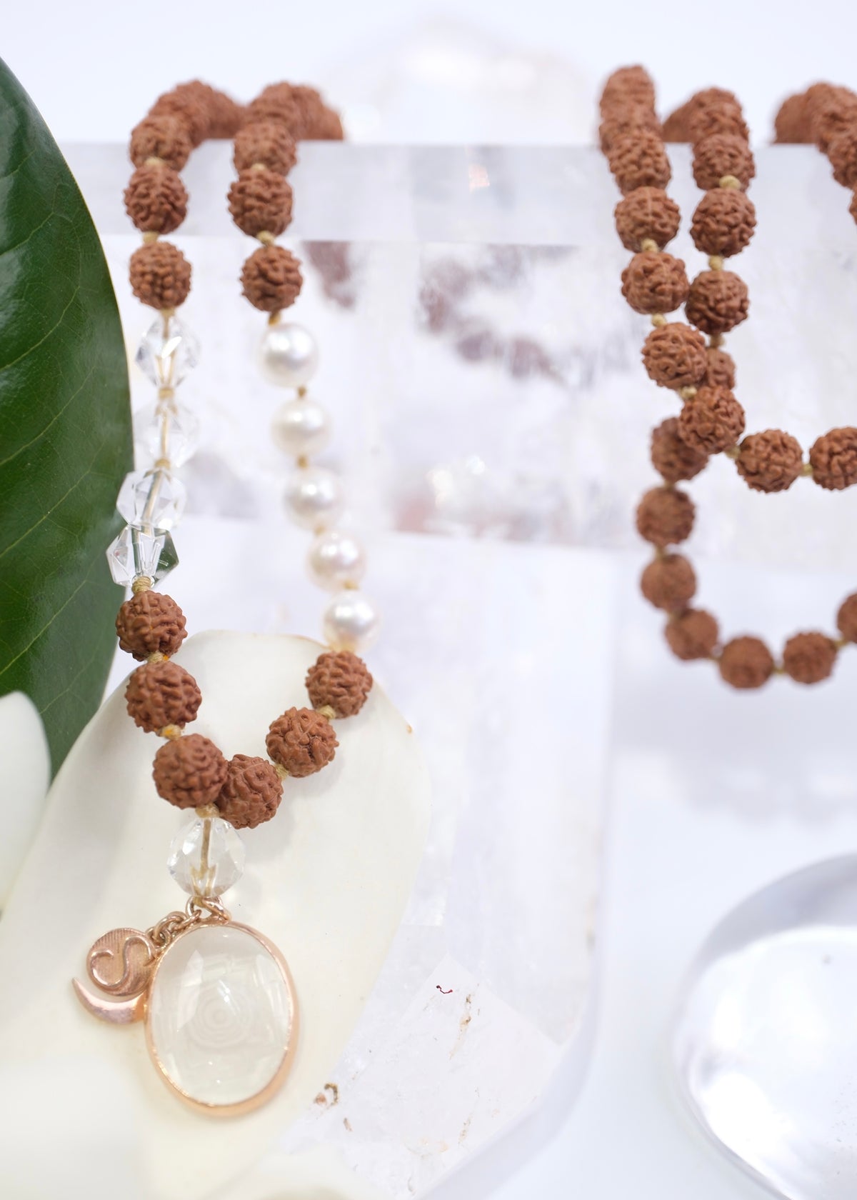 DEVI of HIMALAYA | Rudraksha with Sri Yantra Pendant, Pearl &amp; Herkimer Quartz Diamond | For the Ultimate Spiritual Tool