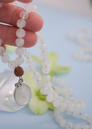 Moonstone Mala Necklace with 108 moonstone beads and faceted moonstone pendant