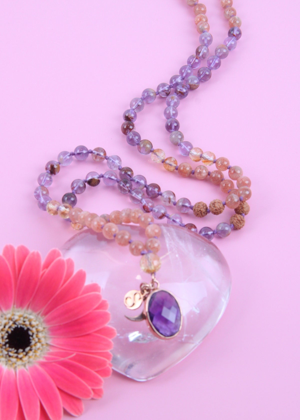 ĀRAMBHA New Beginnings Mala | Super 7, Amethyst Pendant