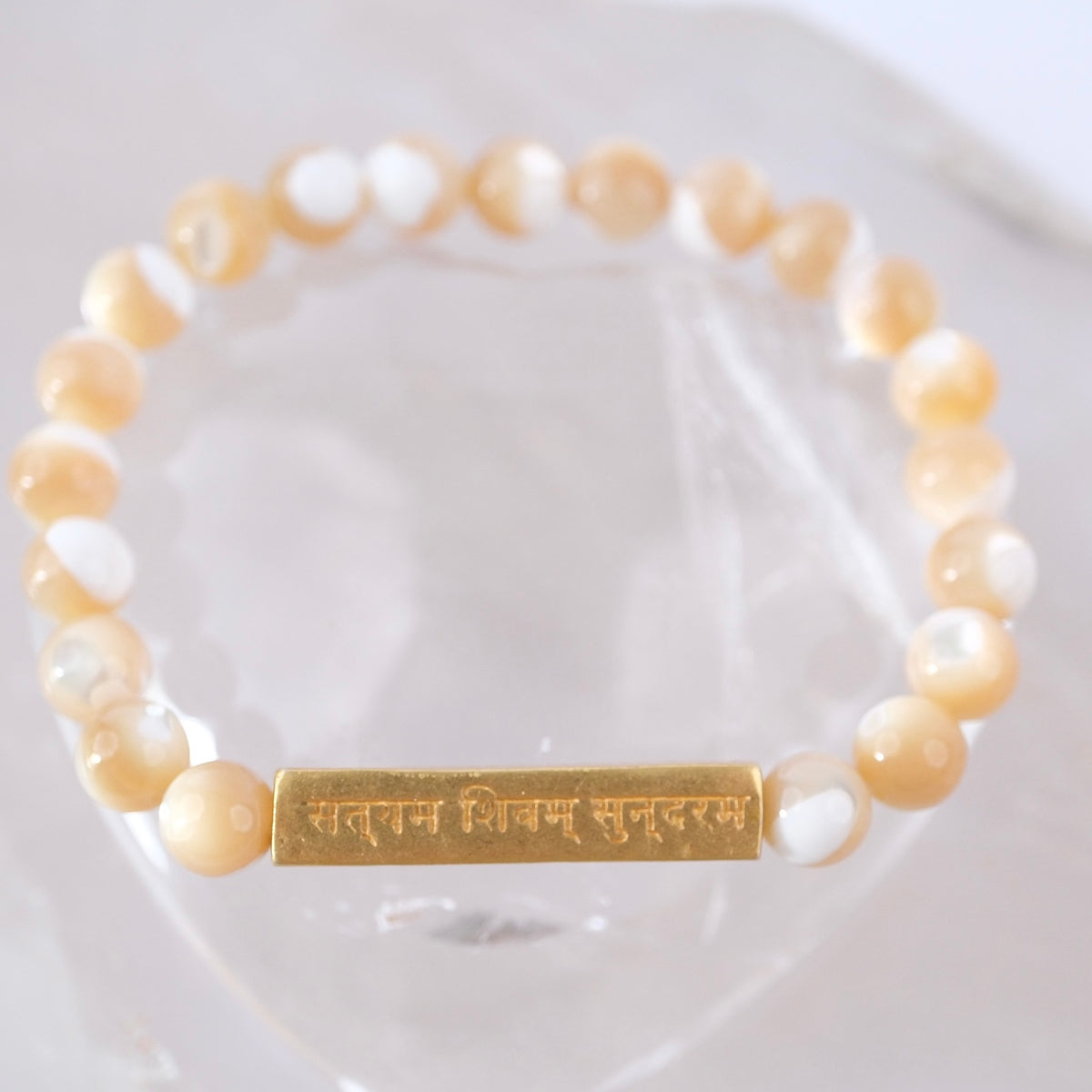 DIVINE GRACE Honey Mother of Pearl bracelet | Om Namaha Shivaya Silver bar