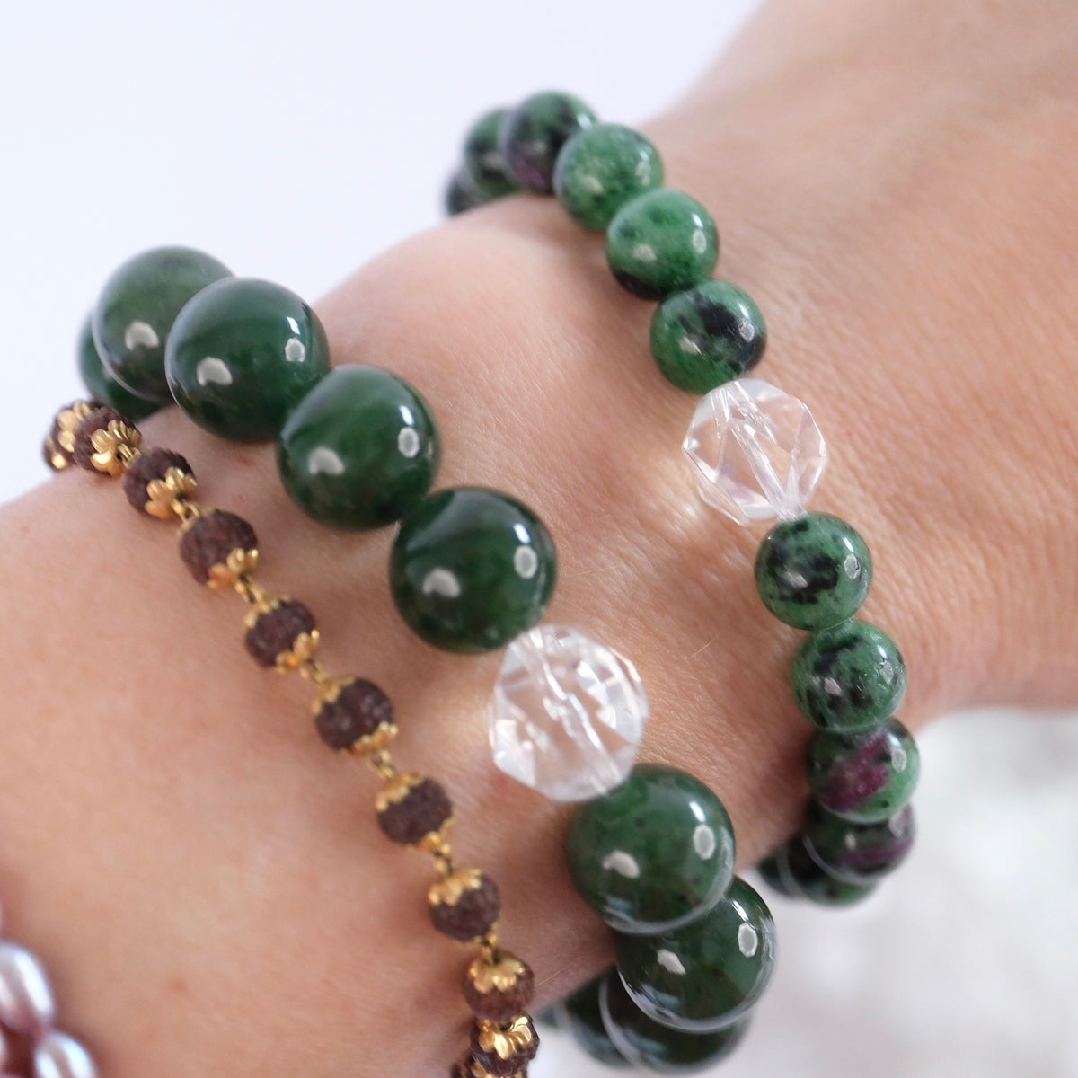 JADE BUDDHA Bracelet 'The Stone of Heaven' | 12mm Green Jade with Herkimer Quartz