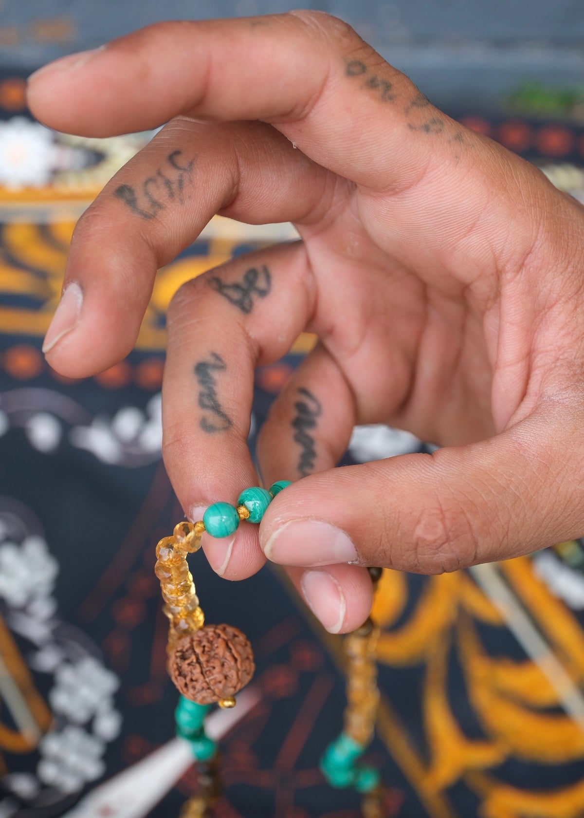 Abundance Mala | 7 Mukhi Rudraksha, rare hand cut finest Citrine, Malachite, Tigers Eye