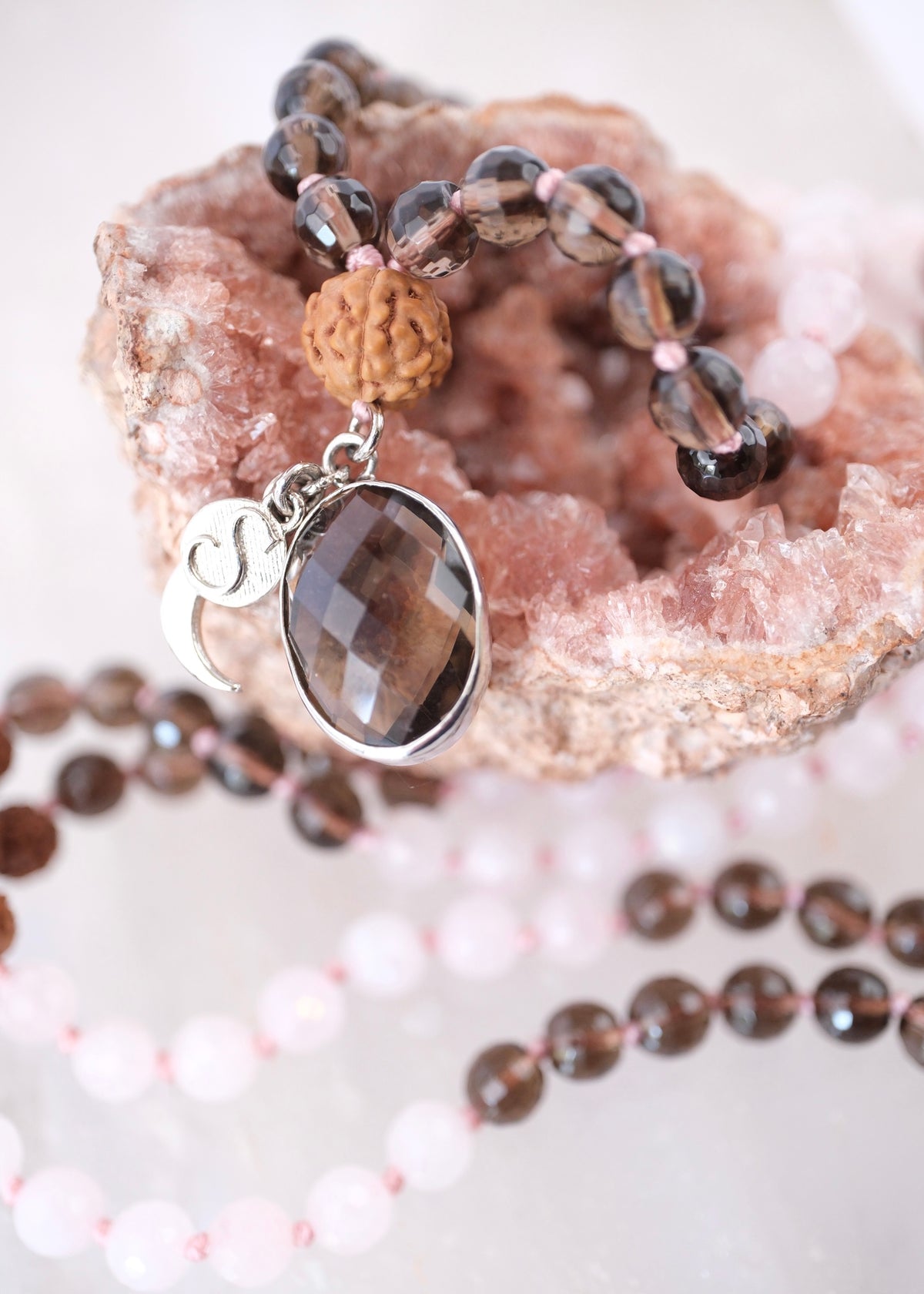 ShivShakti Mala | 2 Mukhi Rudraksha or Smoky Quartz pendant Rose &amp; Smoky Quartz