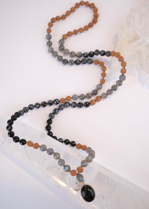 BABA Revered Mala | Labradorite, snow flake Jasper, Onyx & Rudraksha
