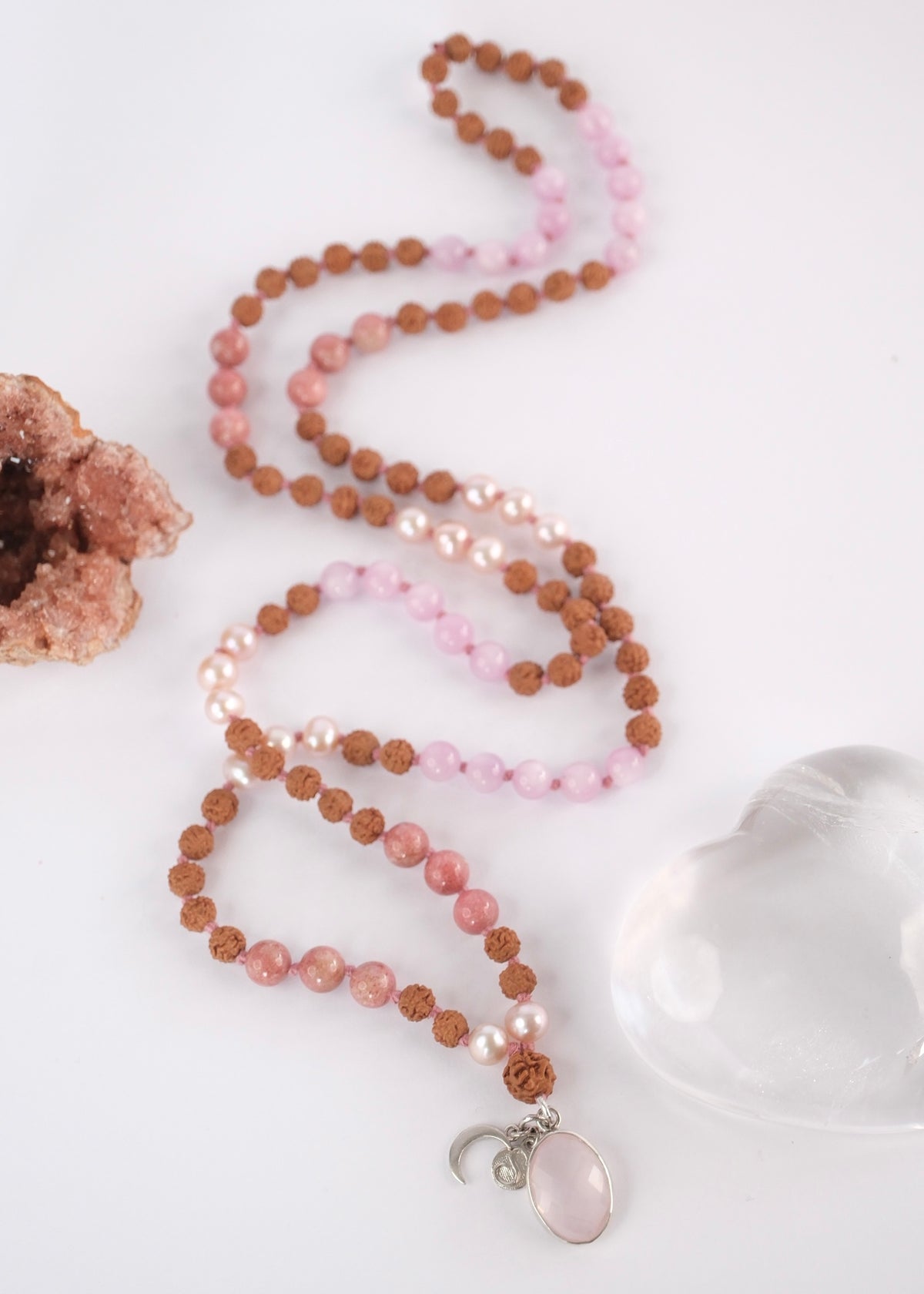 PARVATI ‘The Divine Feminine Mala’ | Pink Pearl, Kunzite, Thulite, Rose Quartz, Rudraksha