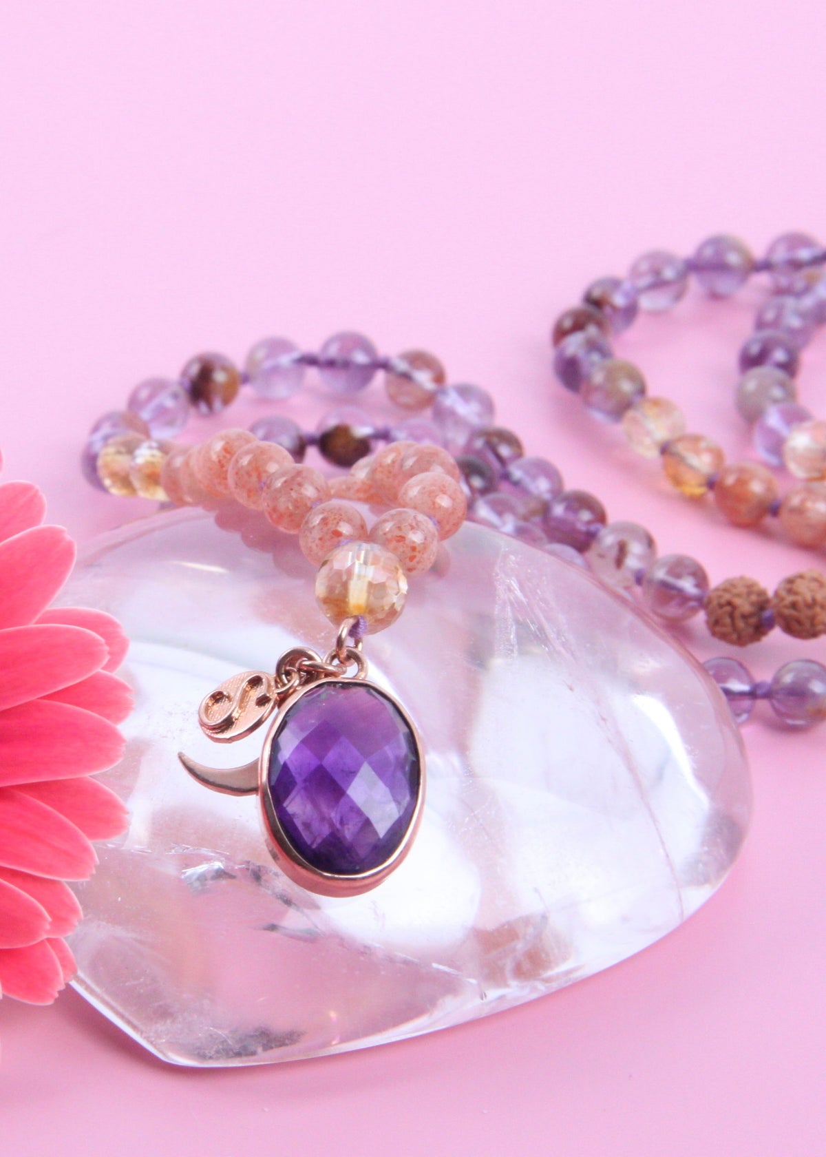 ĀRAMBHA New Beginnings Mala | Super 7, Amethyst Pendant