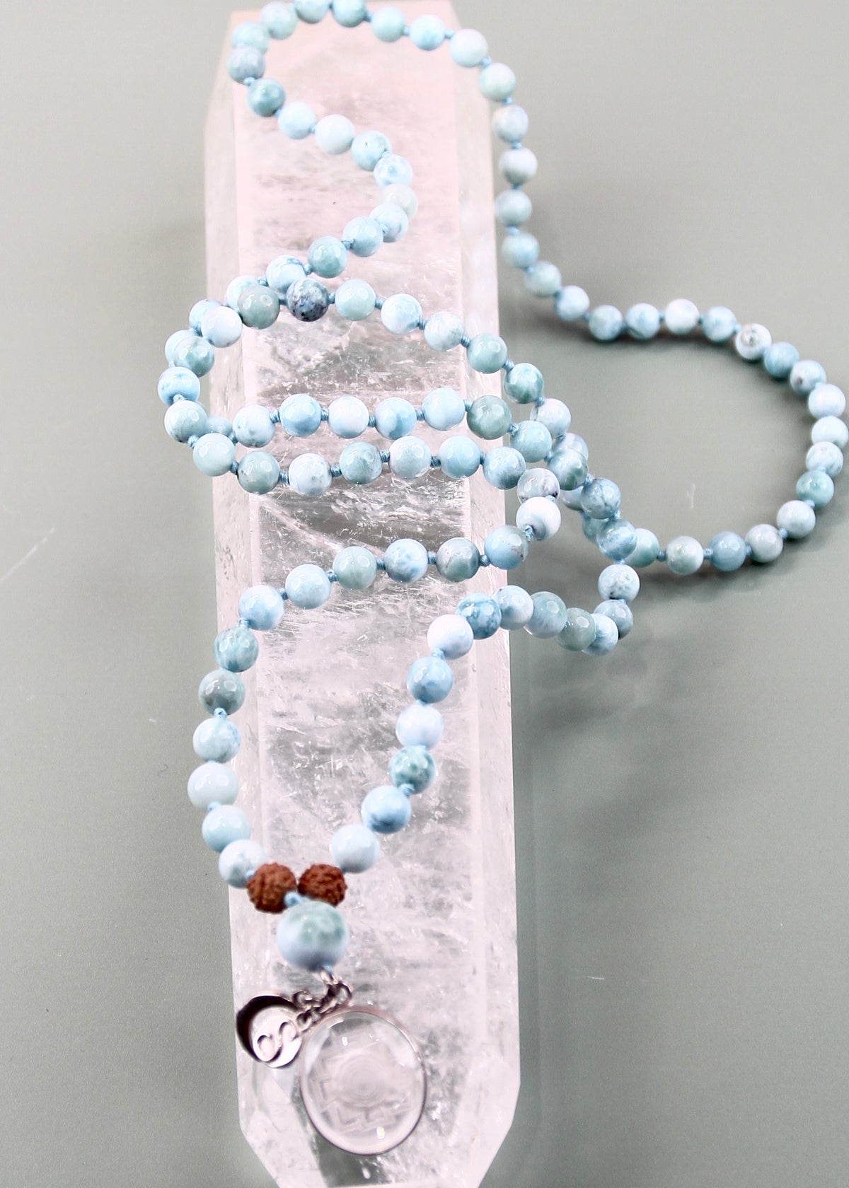 SATYA LOKA SRI DEVI Mala | Sri Yantra, Larimar, Rudraksha Mala