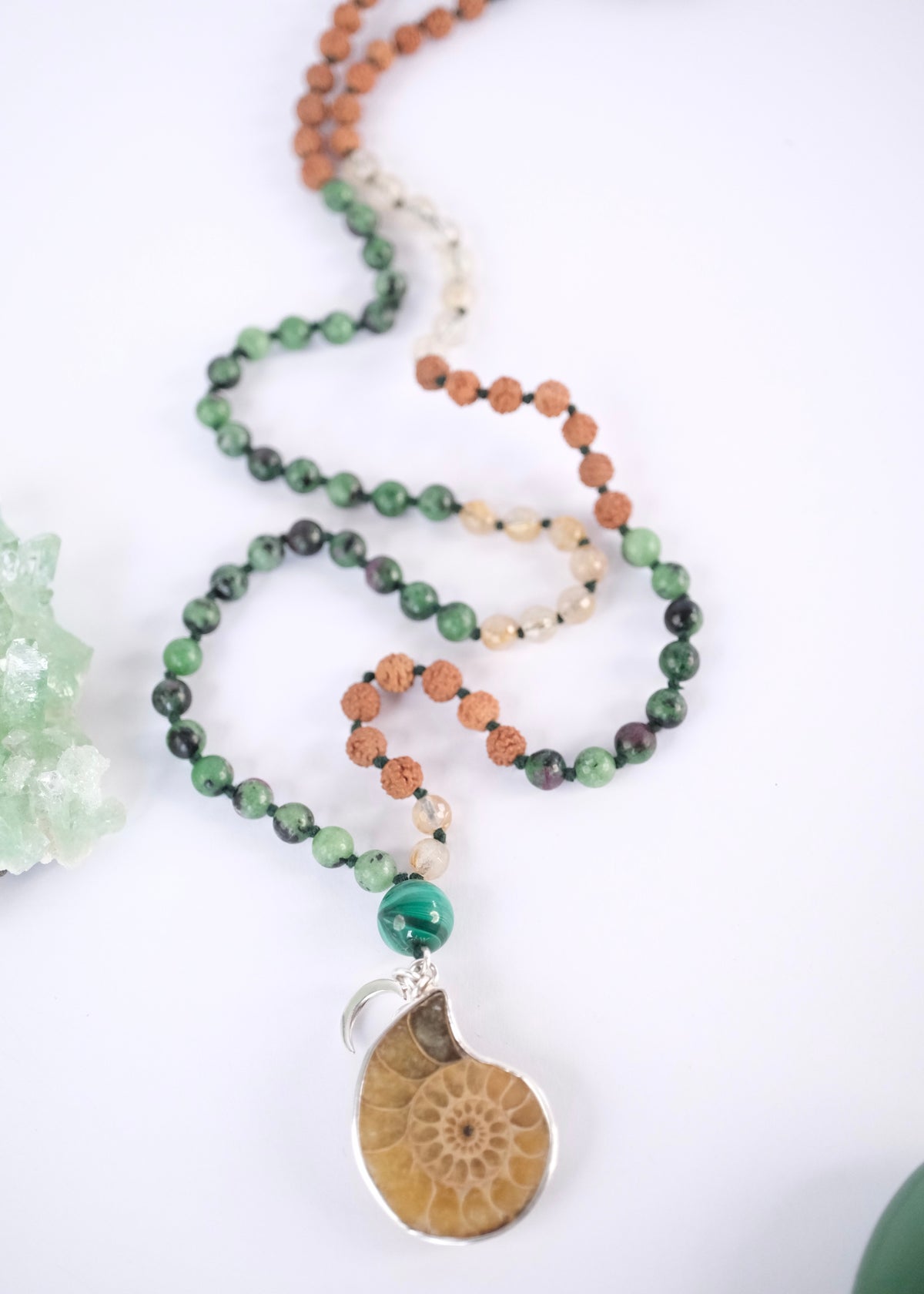Mala Beads for Seers with Zoisite, Ammonite, Rutile Quartz, Rudraksha