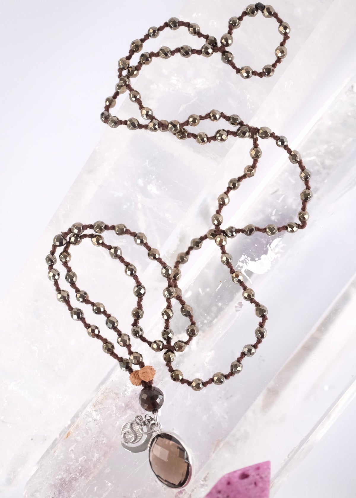 Deep grey hematite and smoky quartz prayer mala for grounding, protection, and mental clarity, a beautiful Bhishma grounding mala.