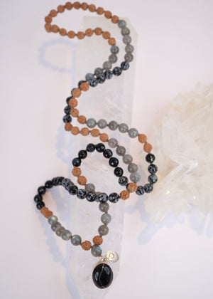 BABA Revered Mala | Labradorite, snow flake Jasper, Onyx & Rudraksha