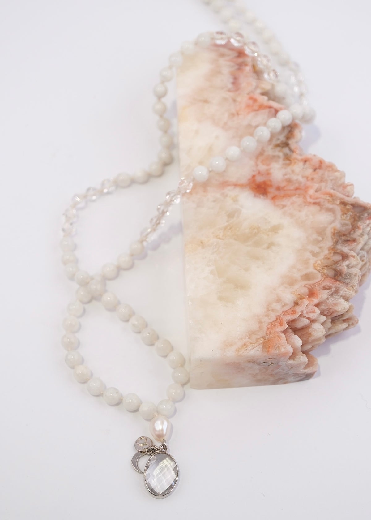 WHITE TARA Mala | with Moonstone, Pearl, Herkimer &amp; Quartz