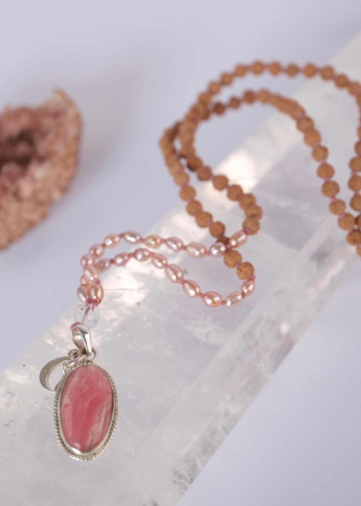 MADHURYA ‘The Grace of Divine Love’ Mala | Rhodochrosite, Akoya Pearls, Rudraksha