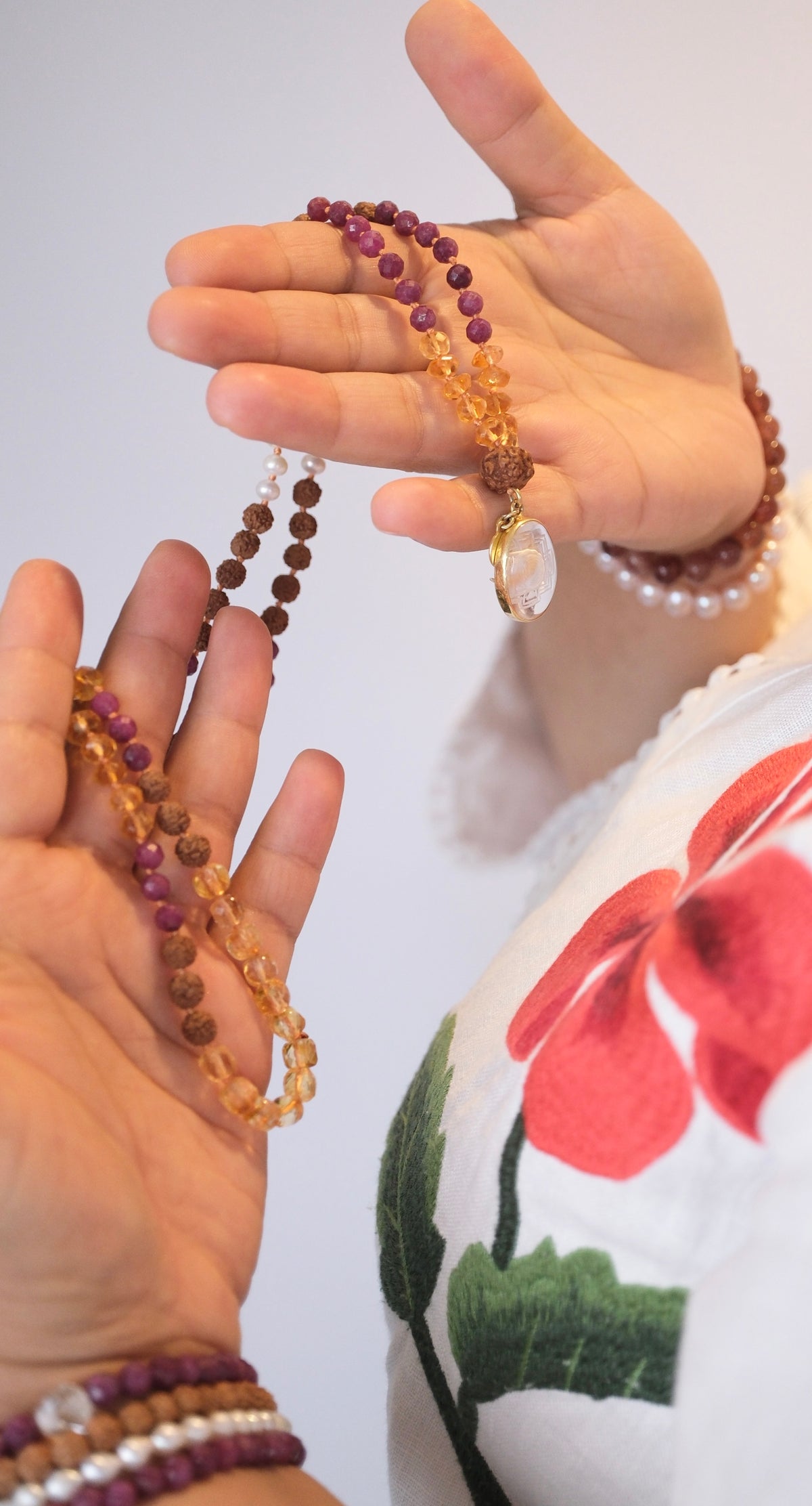ASCENDANT Mala | VEDIC Astrology Collection | Ruby, Citrine, Pearl & Rudraksha with Sri Yantra pendant