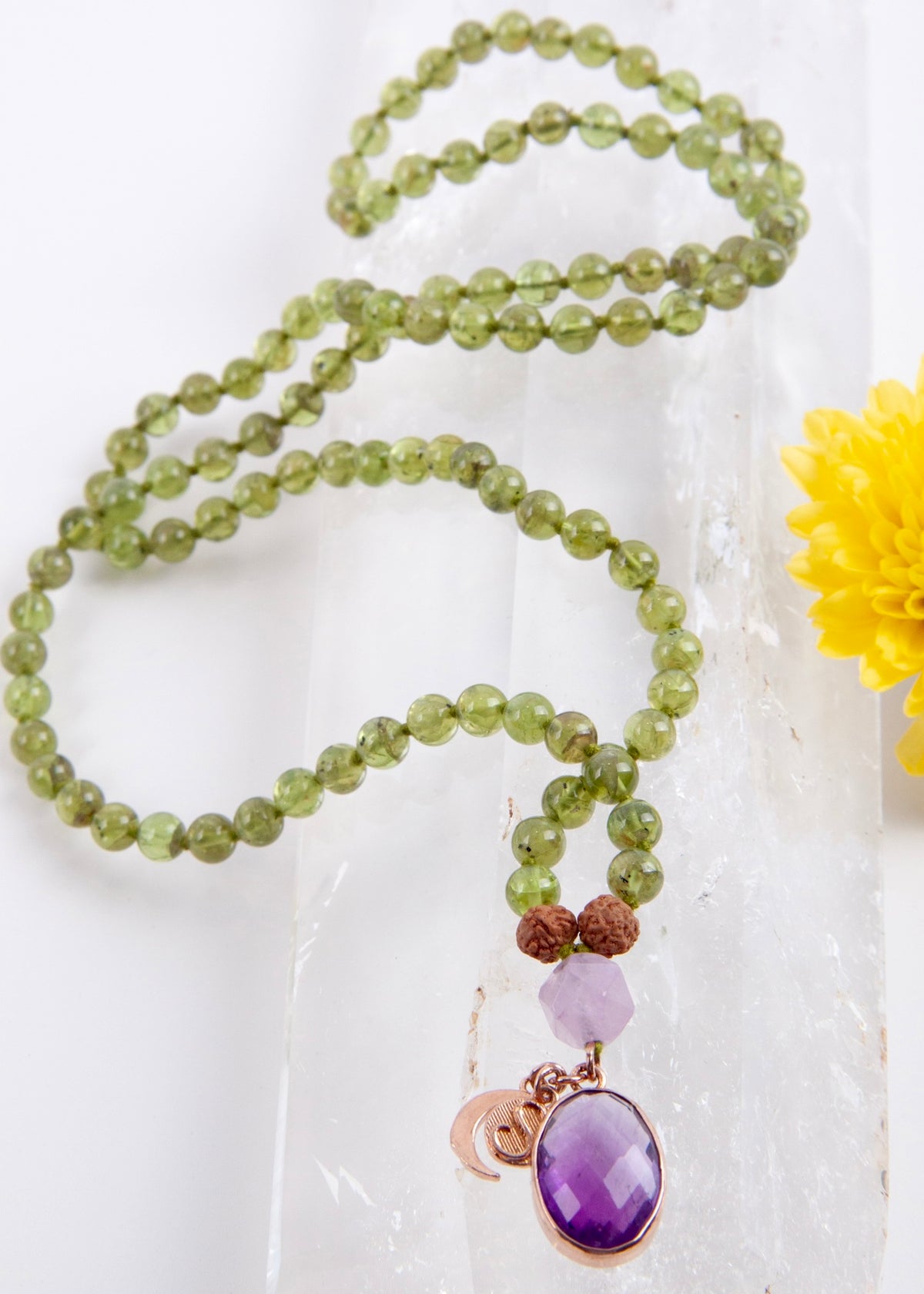 BHUVANESHWARI Mala Protection, Preservation, Deliverance Mala | Peridot, Herkimer Amethyst (rare), Amethyst Pendant