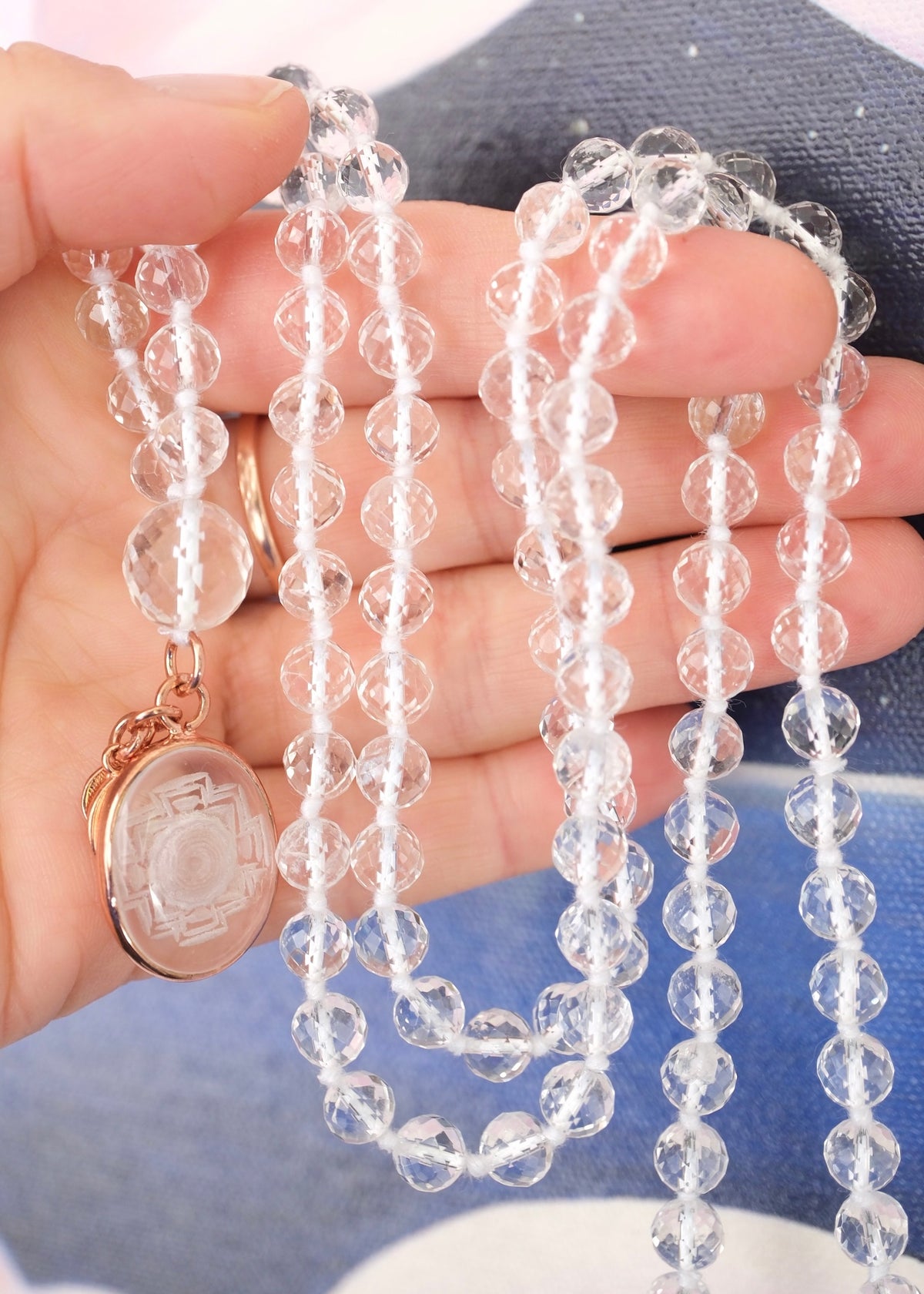 SRI DEVI SHAKTI Mala | Himalayan Clear Quartz (Sphatik), hand carved Sri Yantra