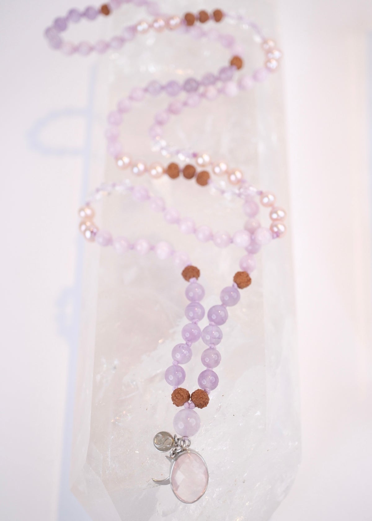 FULL MOON Mala | Pink Akoya Pearl, Kunzite, Lavender Amethyst, Rose Quartz Pendant & Rudraksha