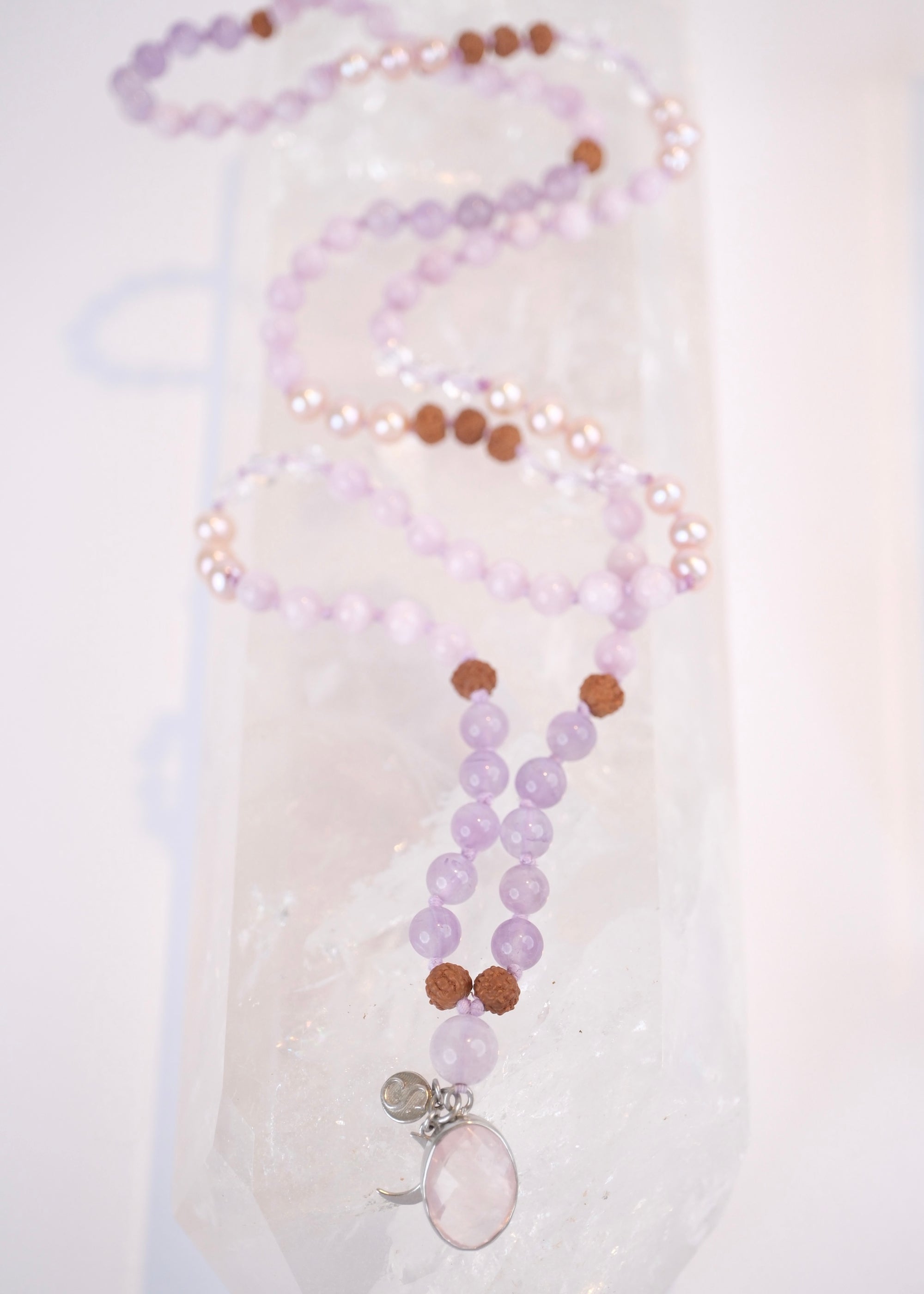 FULL MOON Mala | Pink Akoya Pearl, Kunzite, Lavender Amethyst, Rose Quartz Pendant & Rudraksha