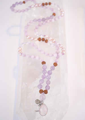 FULL MOON Mala | Pink Akoya Pearl, Kunzite, Lavender Amethyst, Rose Quartz Pendant & Rudraksha