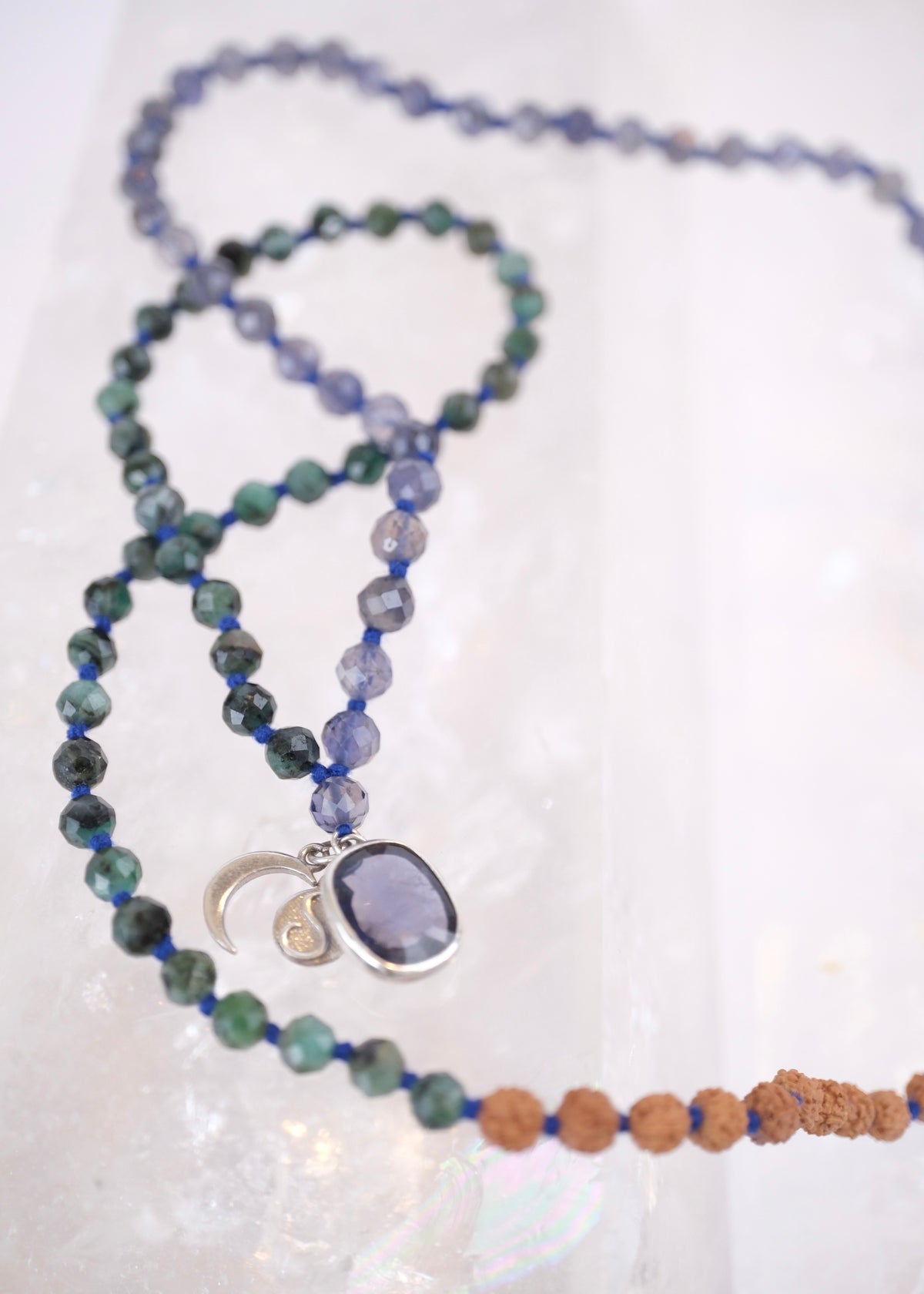 DEVAKA Divine, Celestial Mala | Emerald, Iolite & Rudraksha