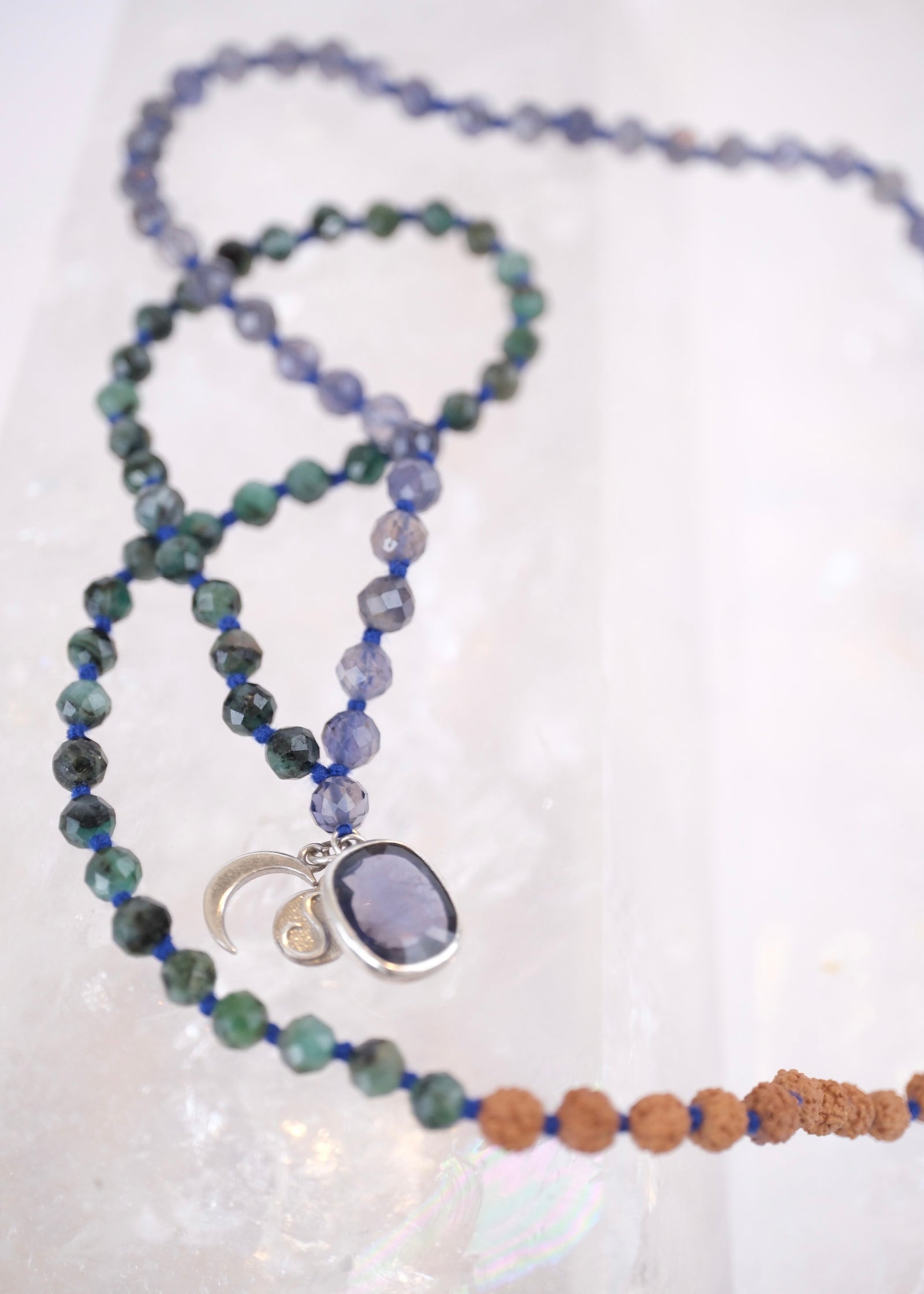 DEVAKA Divine, Celestial Mala | Emerald, Iolite & Rudraksha