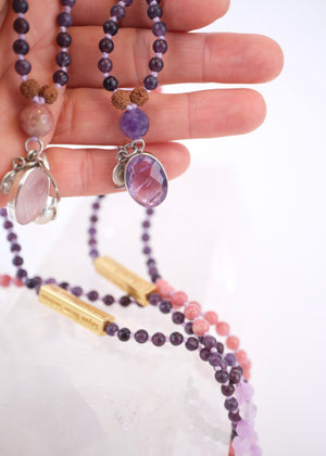 GURU MA Women Leaders Mala | Lepidolite, Thulite, Lavender Amethyst, Rose Quartz or Amethyst. Mantra bar.