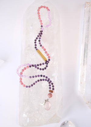 GURU MA Women Leaders Mala | Lepidolite, Thulite, Lavender Amethyst, Rose Quartz or Amethyst. Mantra bar.