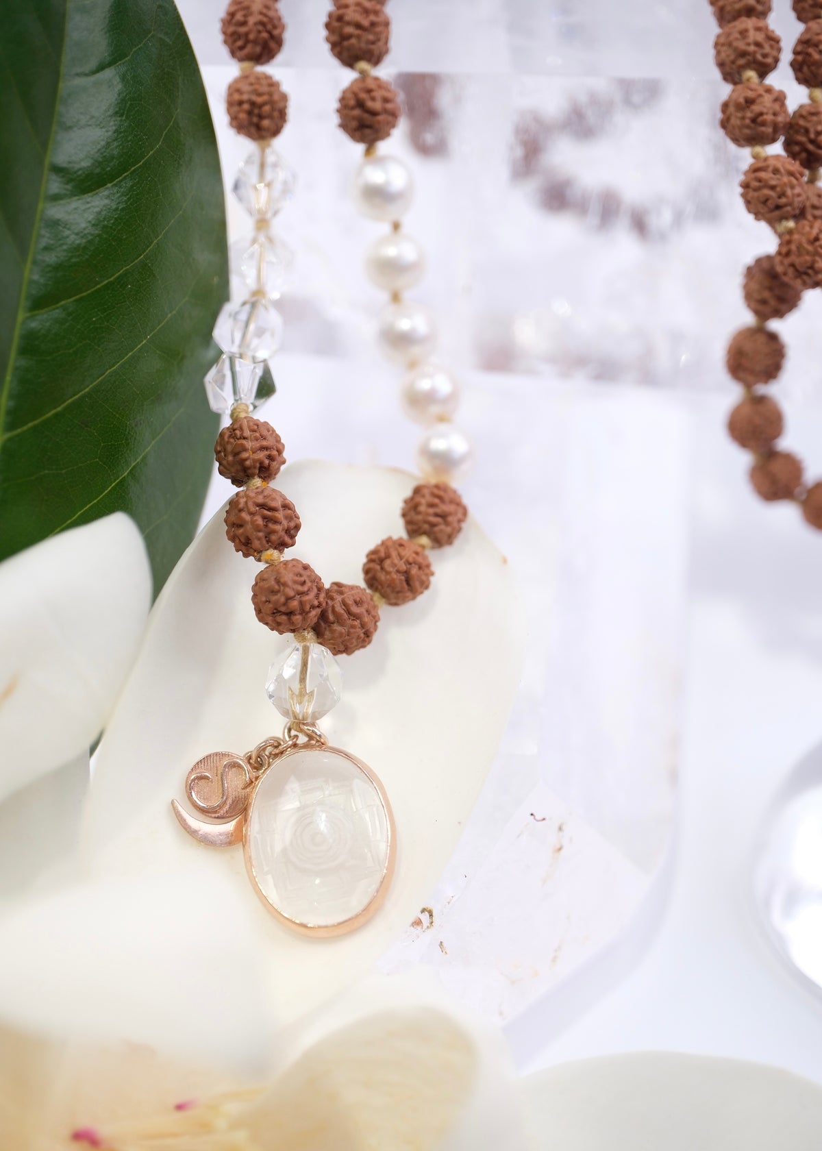 DEVI of HIMALAYA | Rudraksha with Sri Yantra Pendant, Pearl &amp; Herkimer Quartz Diamond | For the Ultimate Spiritual Tool