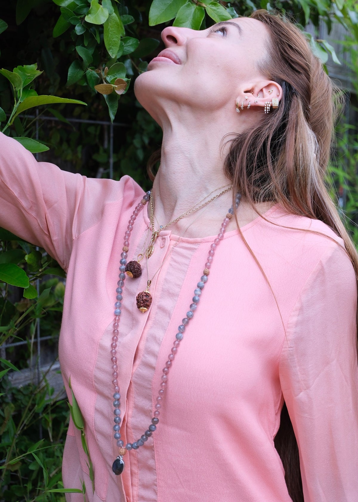 RISHI Wisdom Keepers Mala | Rare Strawberry Quartz, Labradorite & Rudraksha