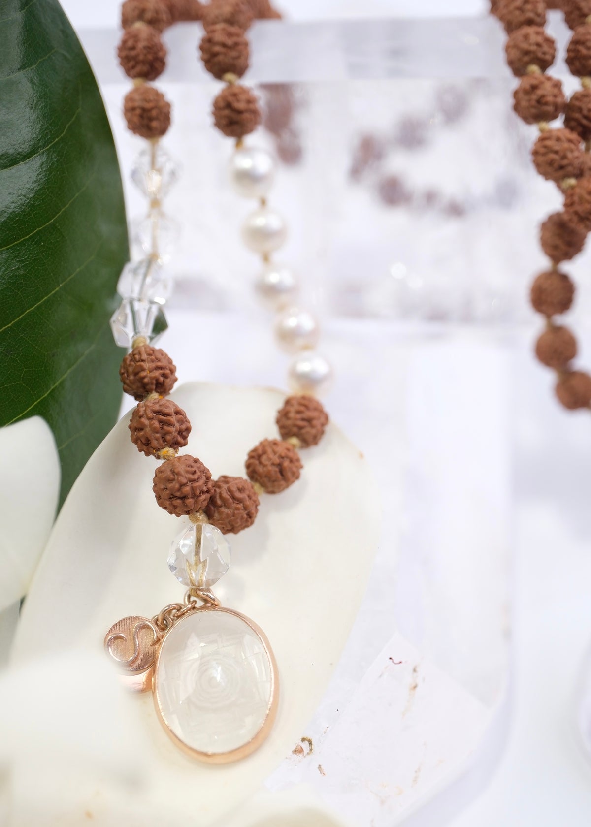 DEVI of HIMALAYA | Rudraksha with Sri Yantra Pendant, Pearl &amp; Herkimer Quartz Diamond | For the Ultimate Spiritual Tool