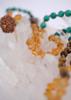 Abundance Mala | 7 Mukhi Rudraksha, rare hand cut finest Citrine, Malachite, Tigers Eye