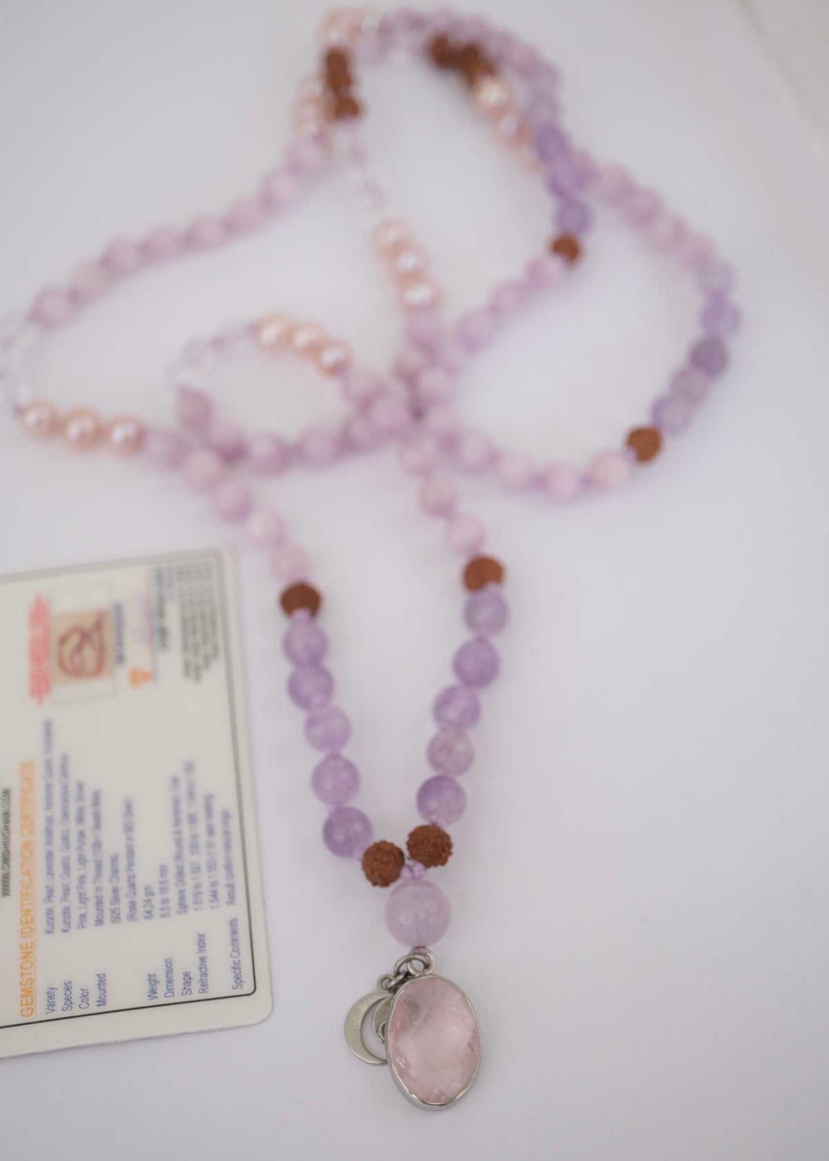 FULL MOON Mala | Pink Akoya Pearl, Kunzite, Lavender Amethyst, Rose Quartz Pendant & Rudraksha
