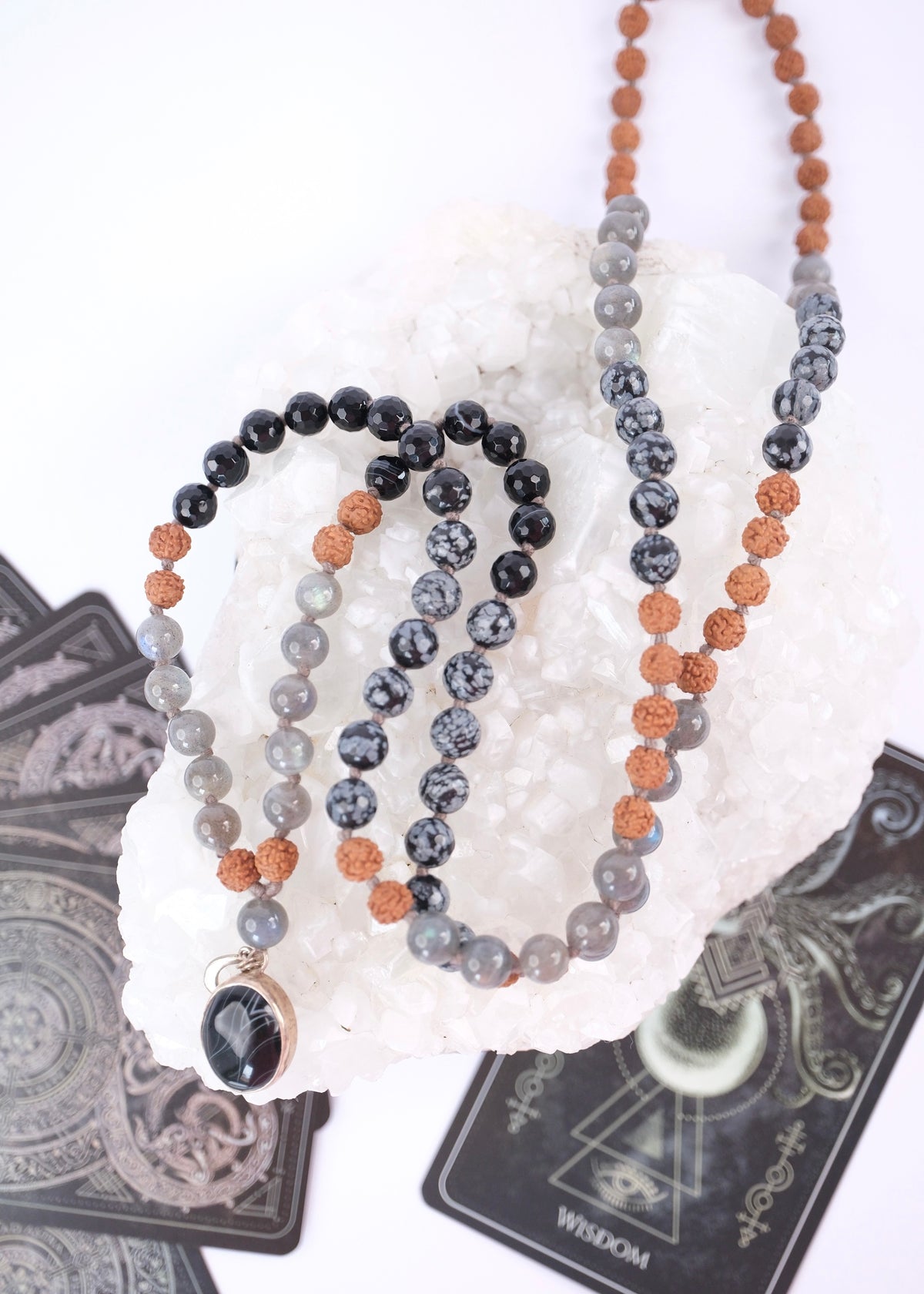 BABAJI Revered Mala | Labradorite, snow flake Jasper, Onyx & Rudraksha