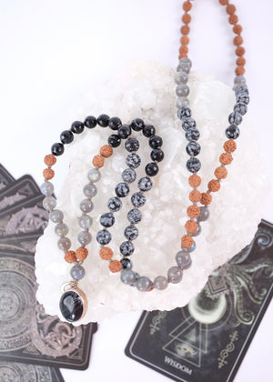 BABAJI Revered Mala | Labradorite, snow flake Jasper, Onyx & Rudraksha