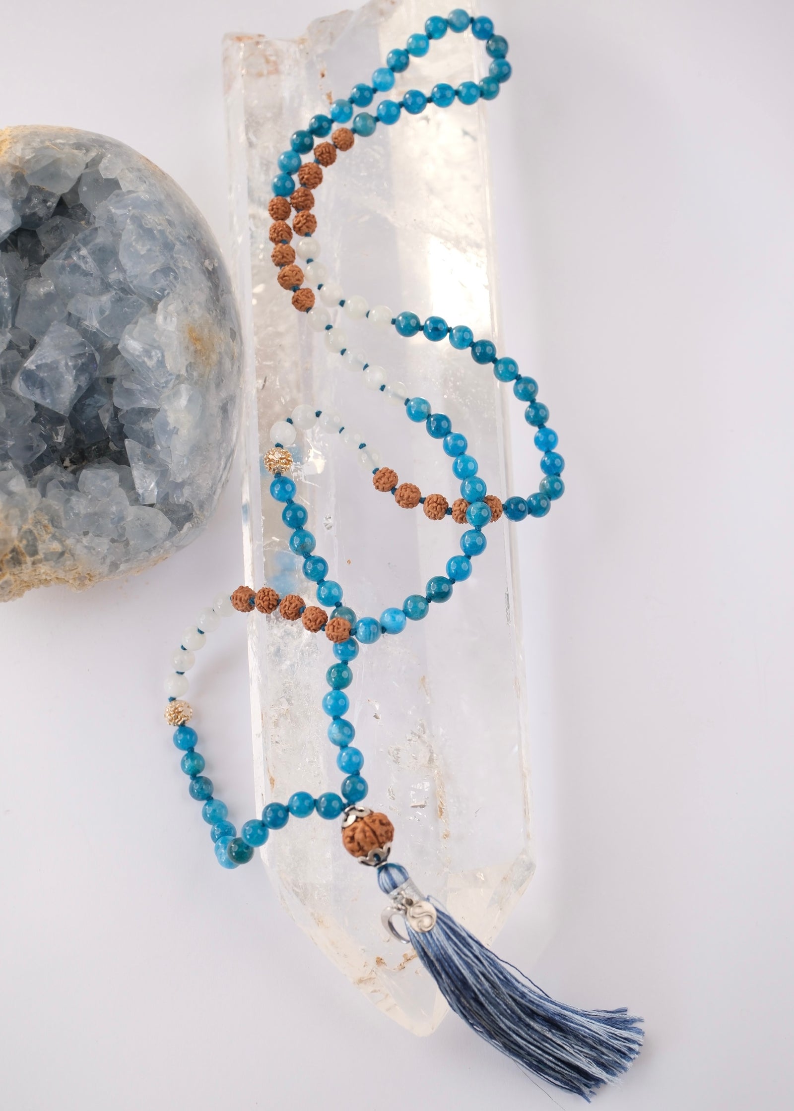 JAYA Victory Mala | Apatite, Moonstone, Rudraksha, Silver