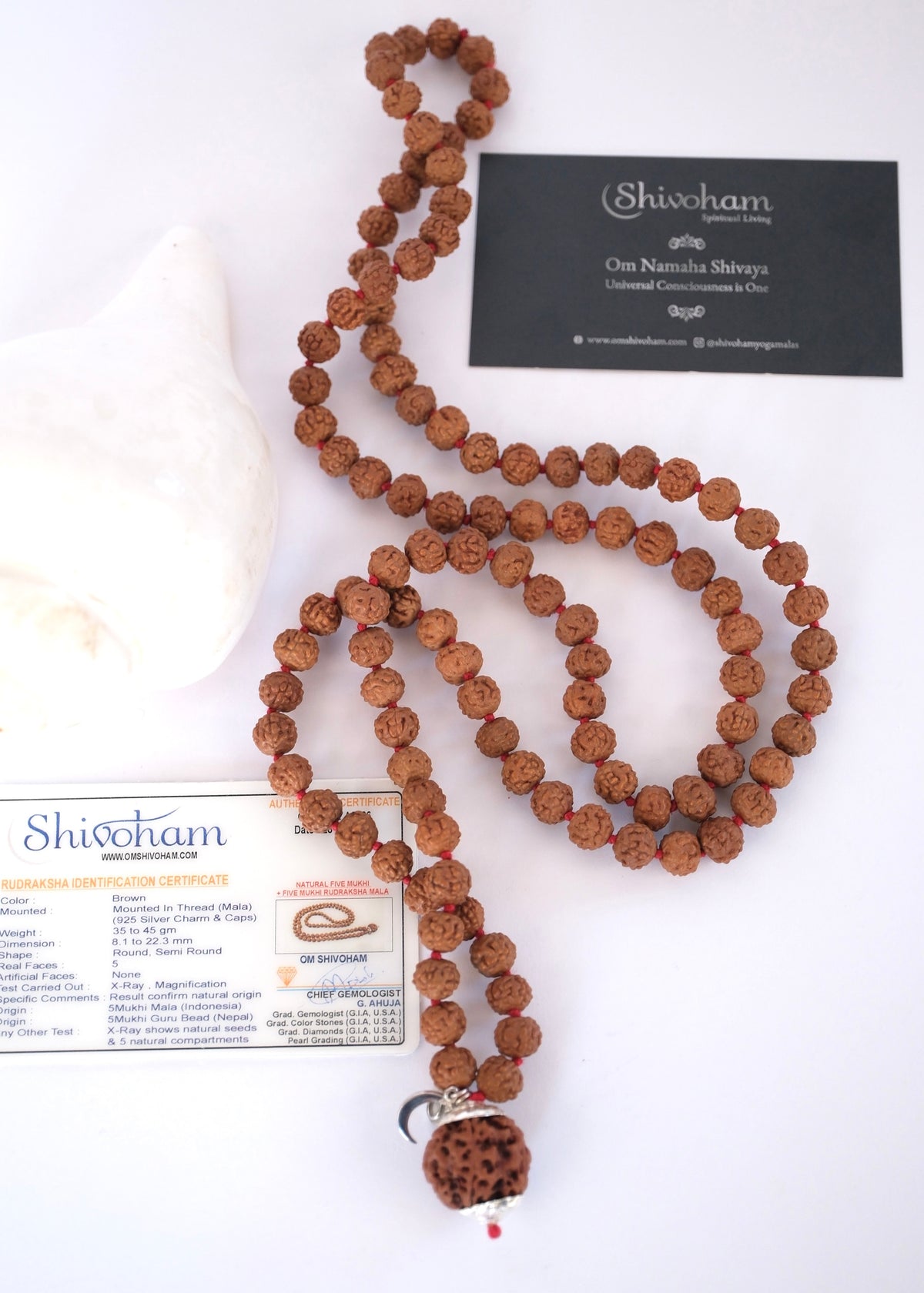 Premium packaging of the SHIVOHAM Universal Connection Nepal Rudraksha mala ready for gifting.