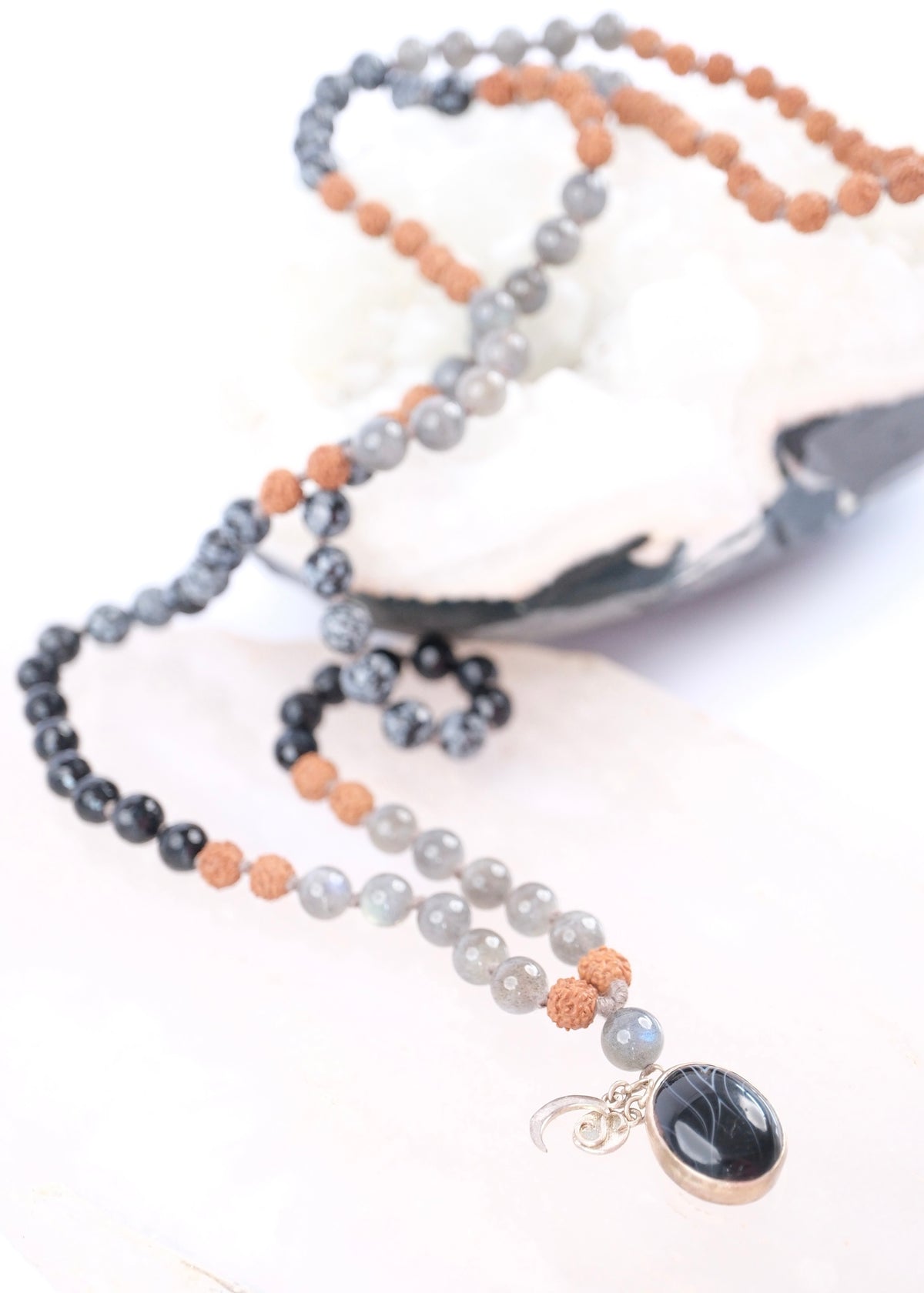 BABAJI Revered Mala | Labradorite, snow flake Jasper, Onyx & Rudraksha