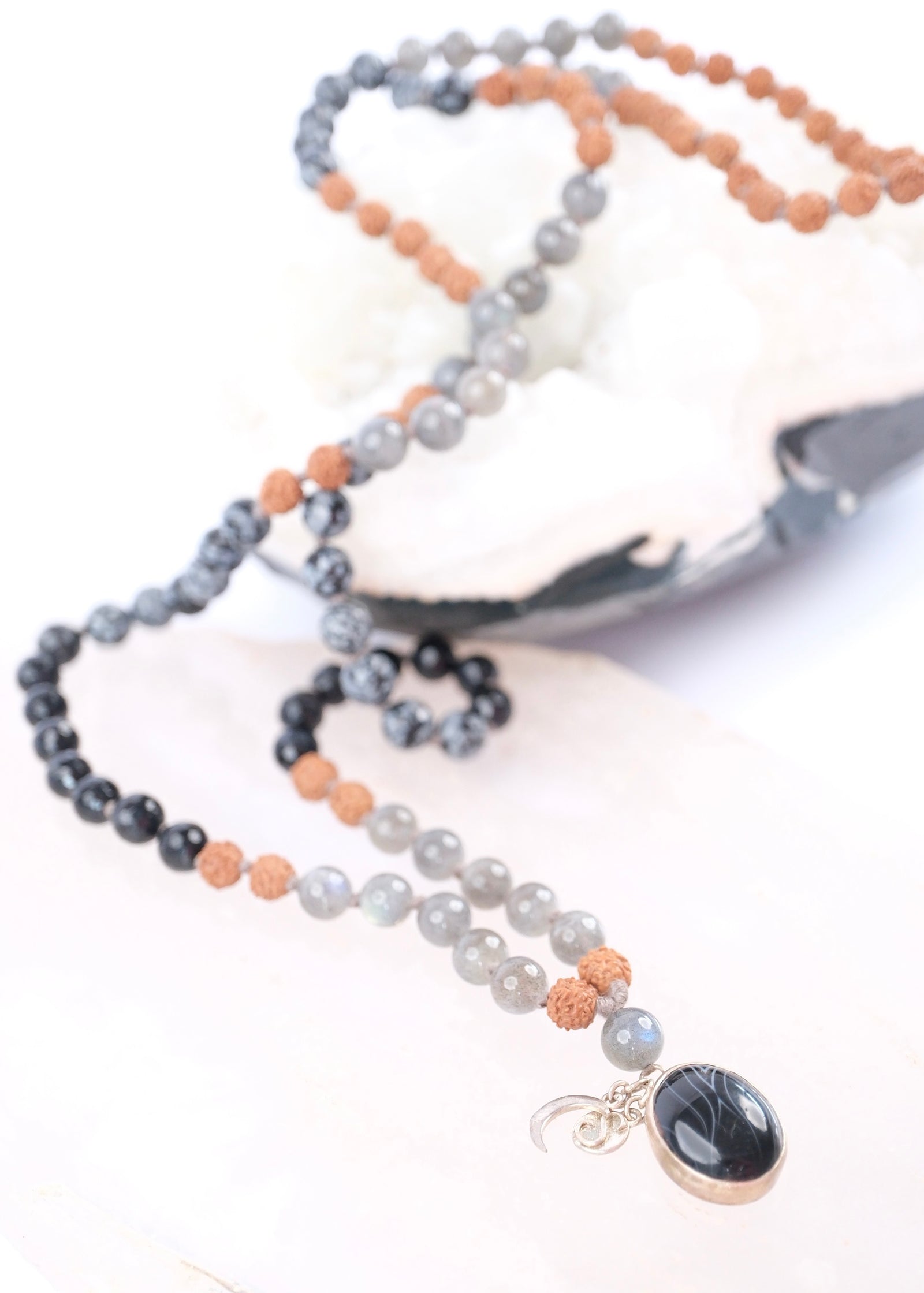 8mm labradorite and snowflake jasper mala