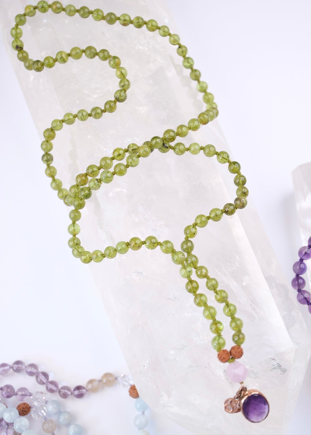 BHUVANESHWARI Protection, Preservation, Deliverance Mala | Peridot, Herkimer Amethyst, Amethyst Pendant