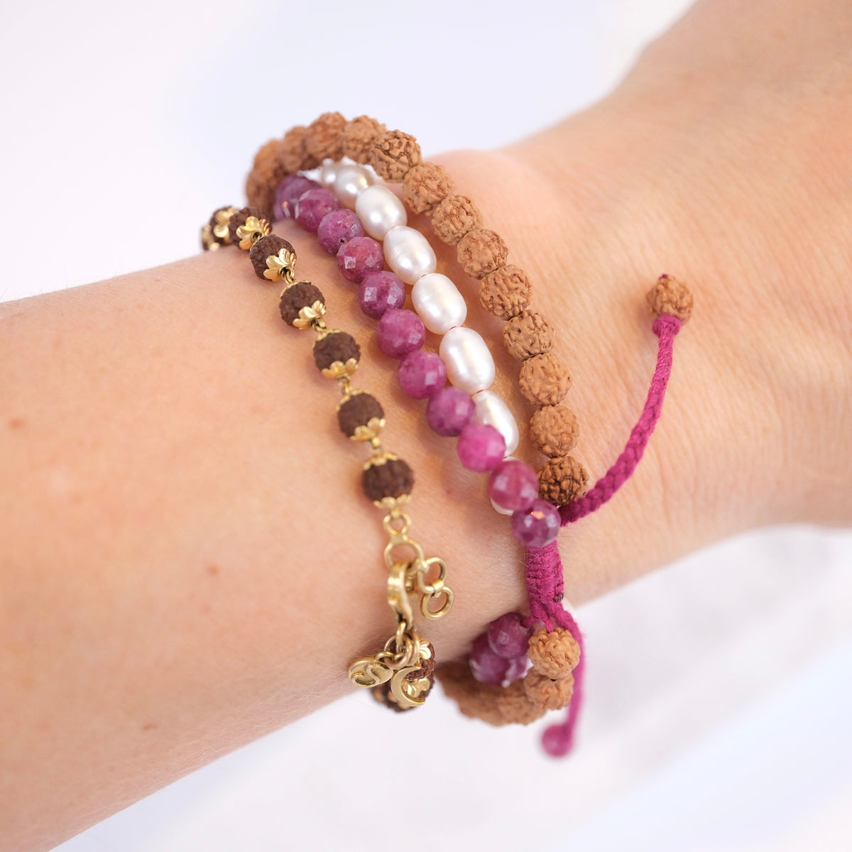 AWAKENED Three tier bracelet stack | Ruby, Pearl, Rudraksha
