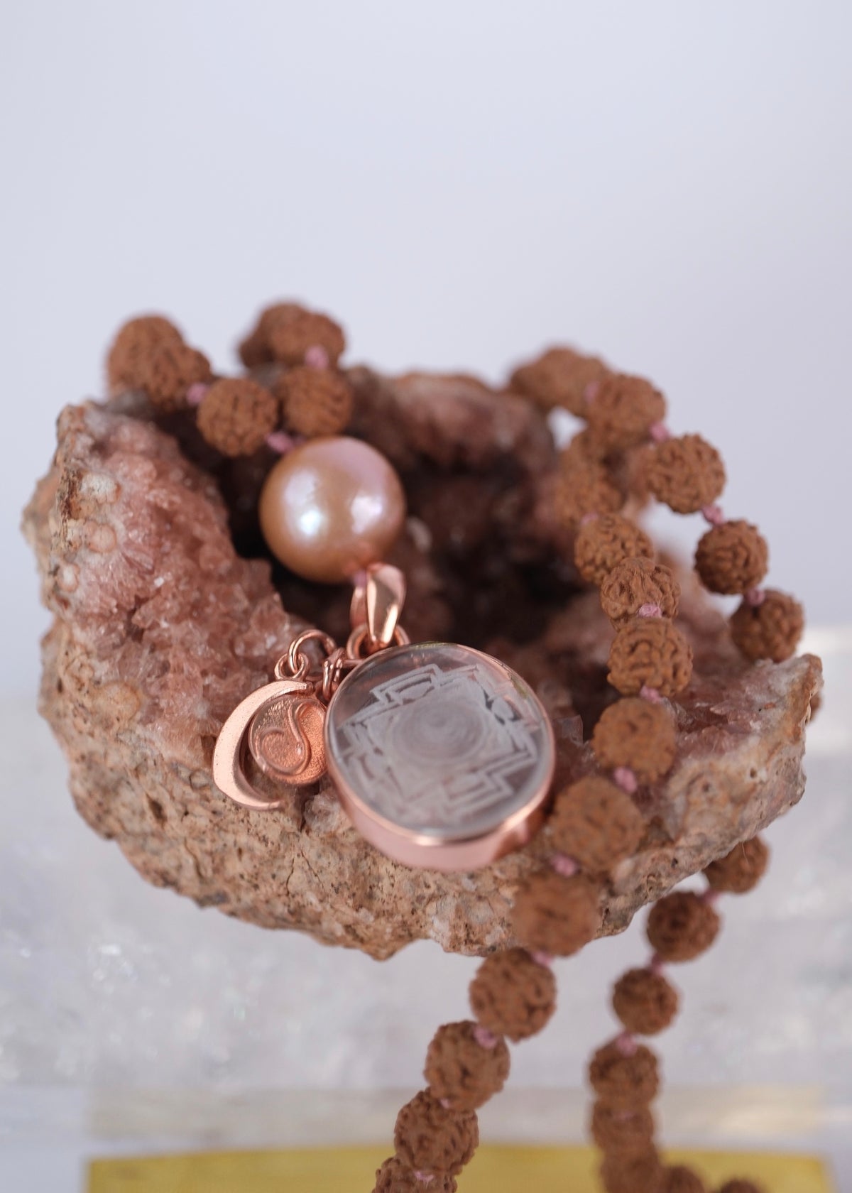 SRI VIDYA ‘Sacred Wisdom’ Mala | Sri Yantra, Pink Pearl, Rudraksha