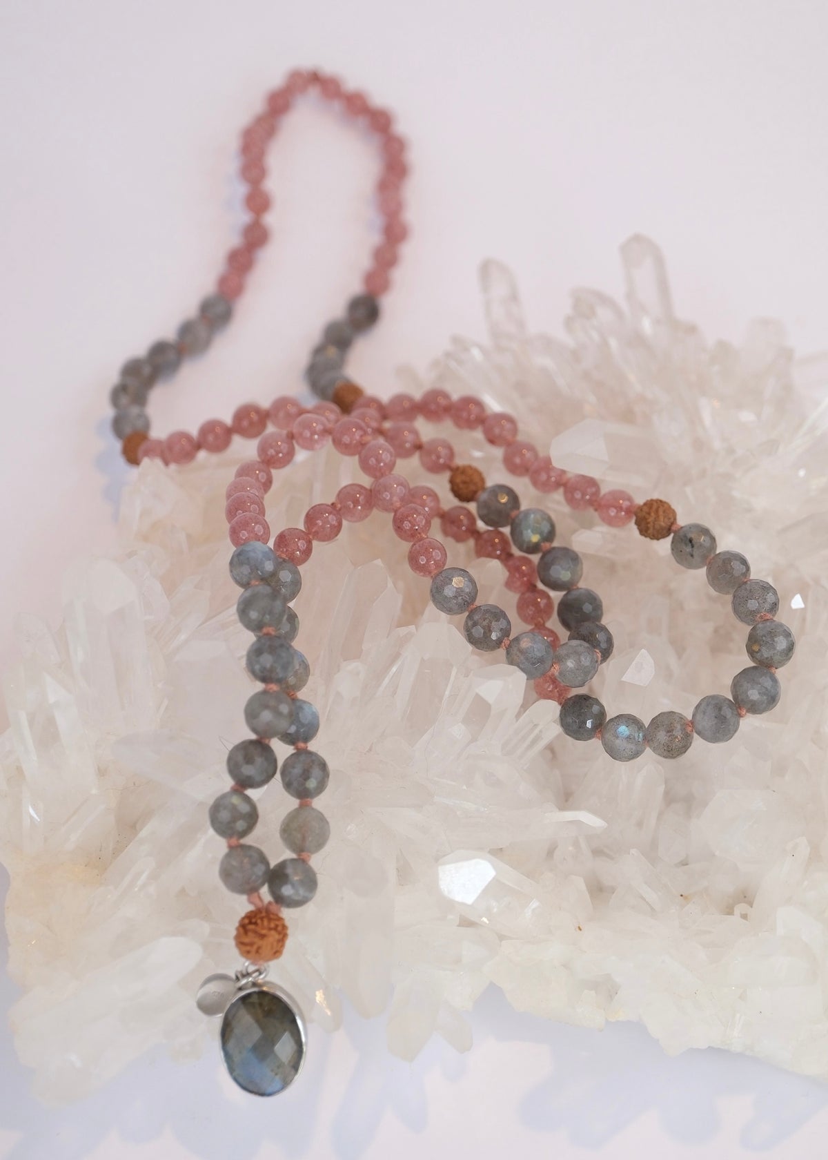 RISHI The Wise Ones Mala | Rare Strawberry Quartz, Labradorite & Rudraksha