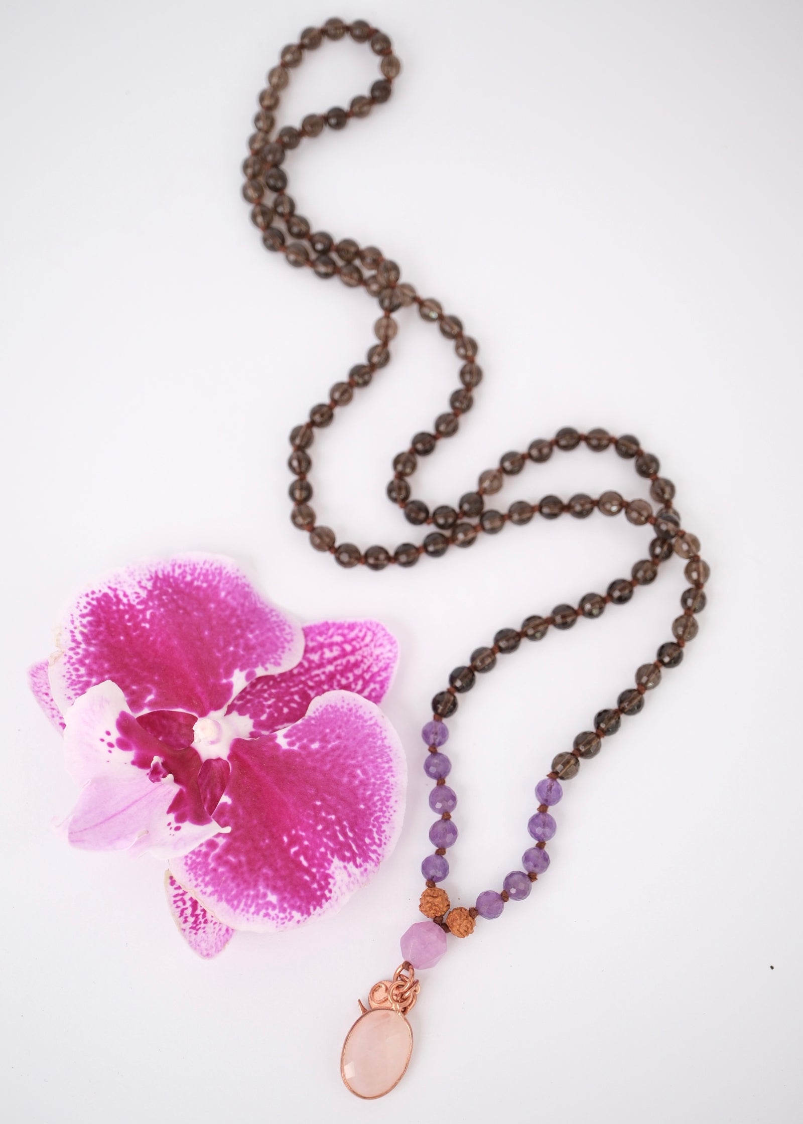 'Essence' SUNDARI Inner Beauty Mala | Smoky Quartz, Rose Quartz and Amethyst Herkimer